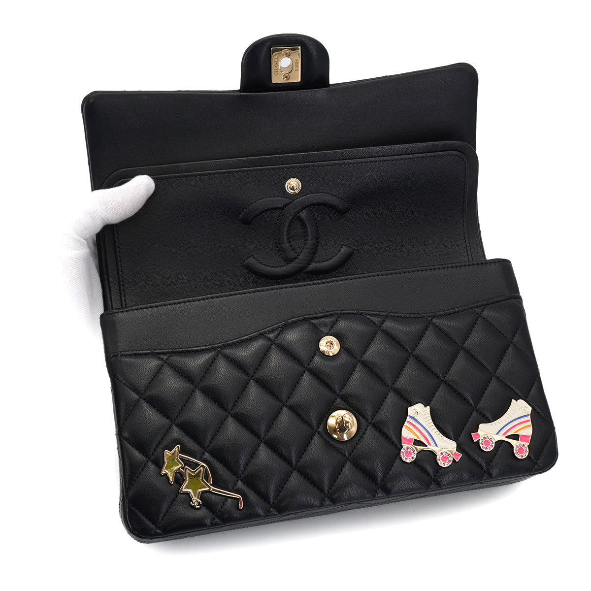 CHANEL HOLLYWOOD CHARM CLASSIC FLAP MEDIUM CHAIN SHOULDER BAG BLACK LAMB SKIN GOLD HARDWARE 90330994