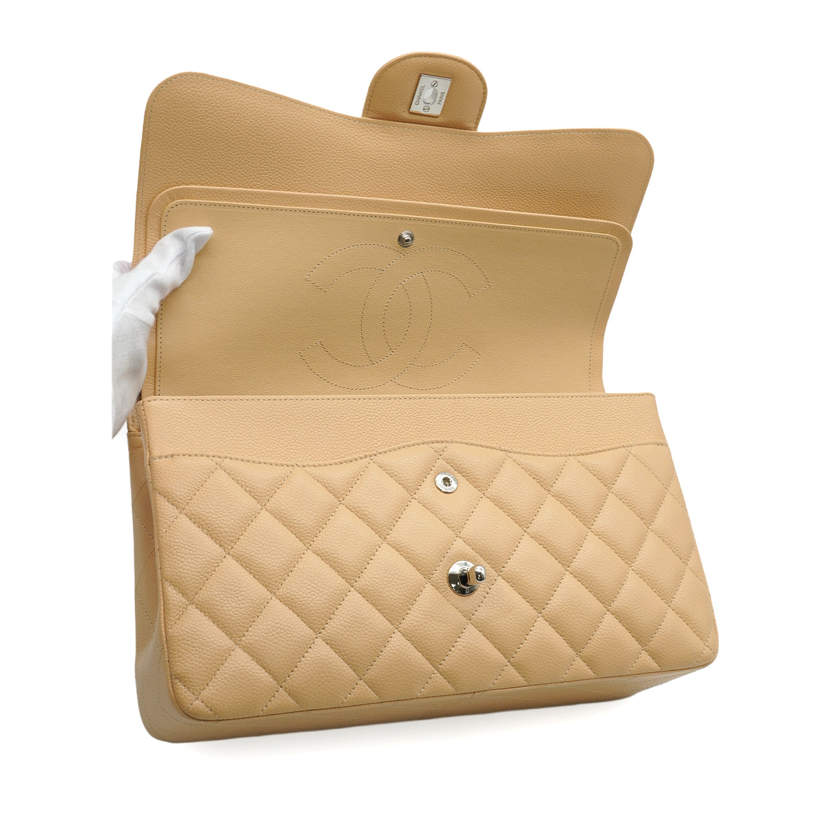 CHANEL JUMBO MATELASSE 30 CHAIN SHOULDER BAG BEIGE CAVIAR SKIN SILVER HARDWARE 90345068