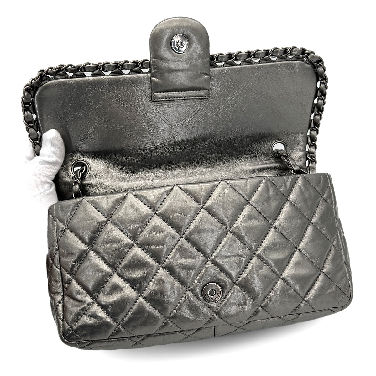 CHANEL LUXURY LINE CHAIN SHOULDER BAG SILVER LEATHER 90319941