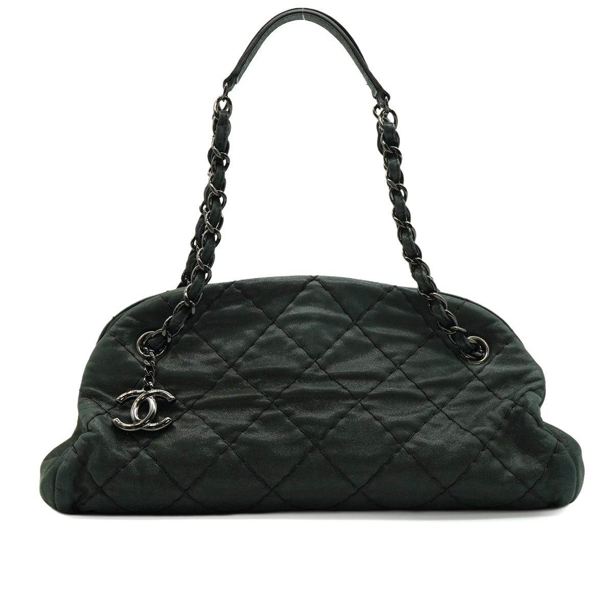 CHANEL MADEMOISELLE BOWLING CHAIN SHOULDER BAG GREEN LEATHER SILVER HARDWARE 90343292