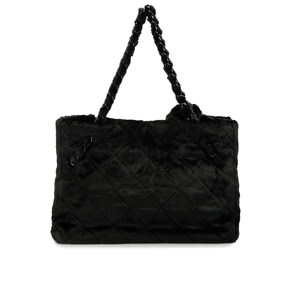 CHANEL MATELASSE CAMELLIA CHAIN TOTE BAG BLACK FAUX FUR SILVER HARDWARE 90322287