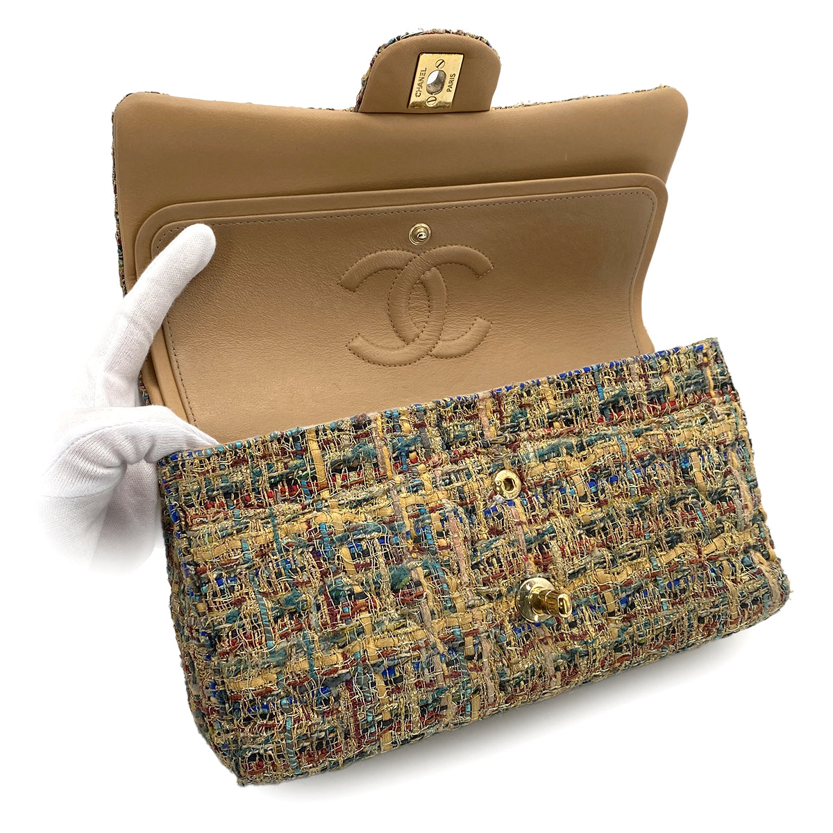 CHANEL MATELASSE CHAIN SHOULDER BAG MULTICOLOR BEIGE TWEED GOLD HARDWARE 90317287