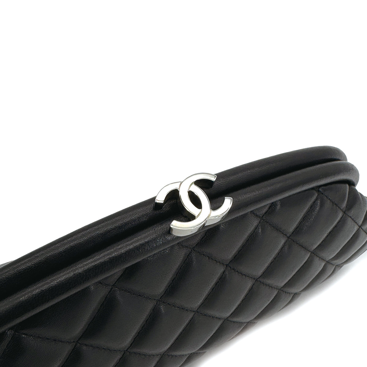 CHANEL MATELASSE CLUTCH BAG BLACK LAMB SKIN SILVER HARDWARE 90317002
