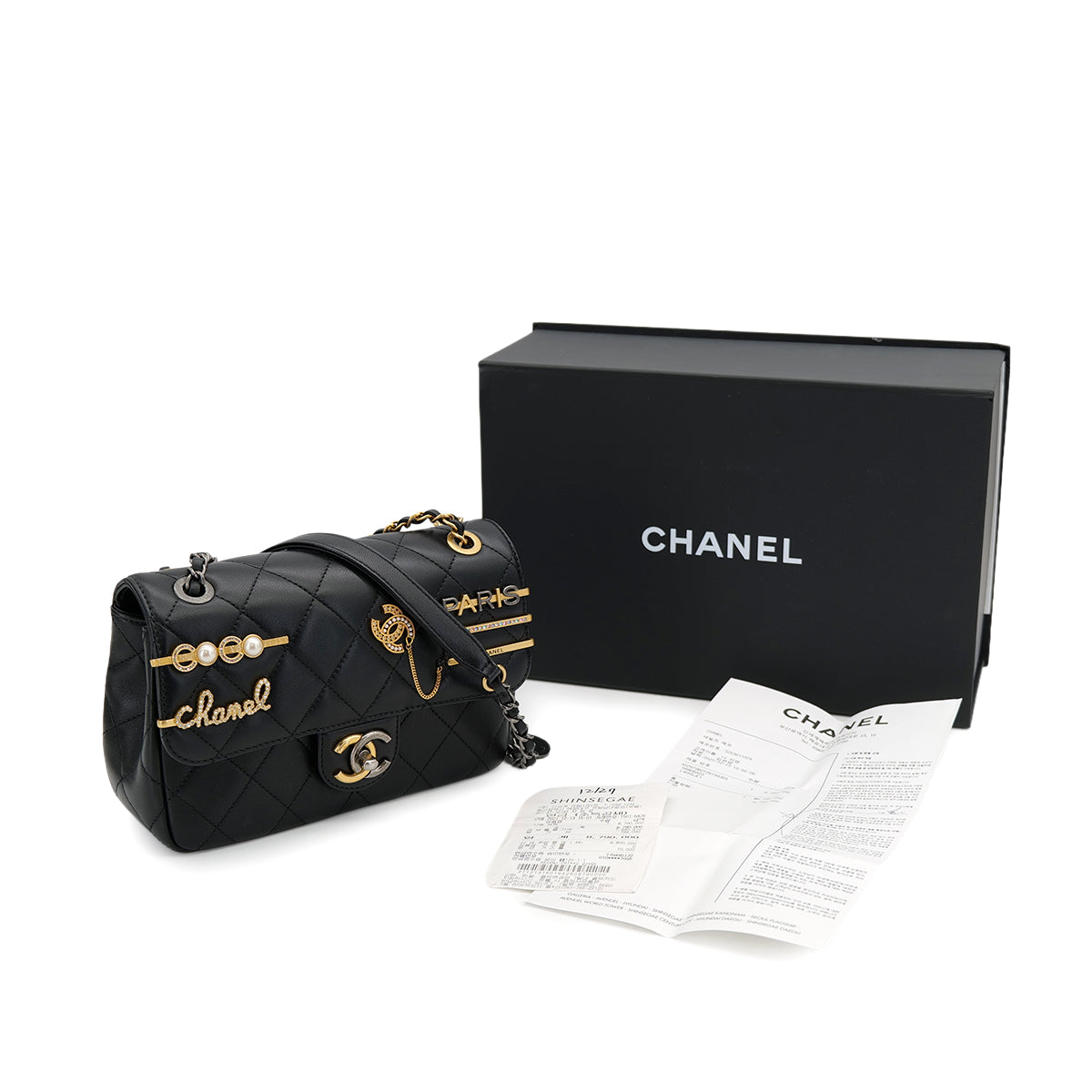CHANEL MATELASSE COCO CLIPS CHAIN SHOULDER BAG RHINESTONE FAUX PEARL BLACK LAMB SKIN GOLD HARDWARE 90324131