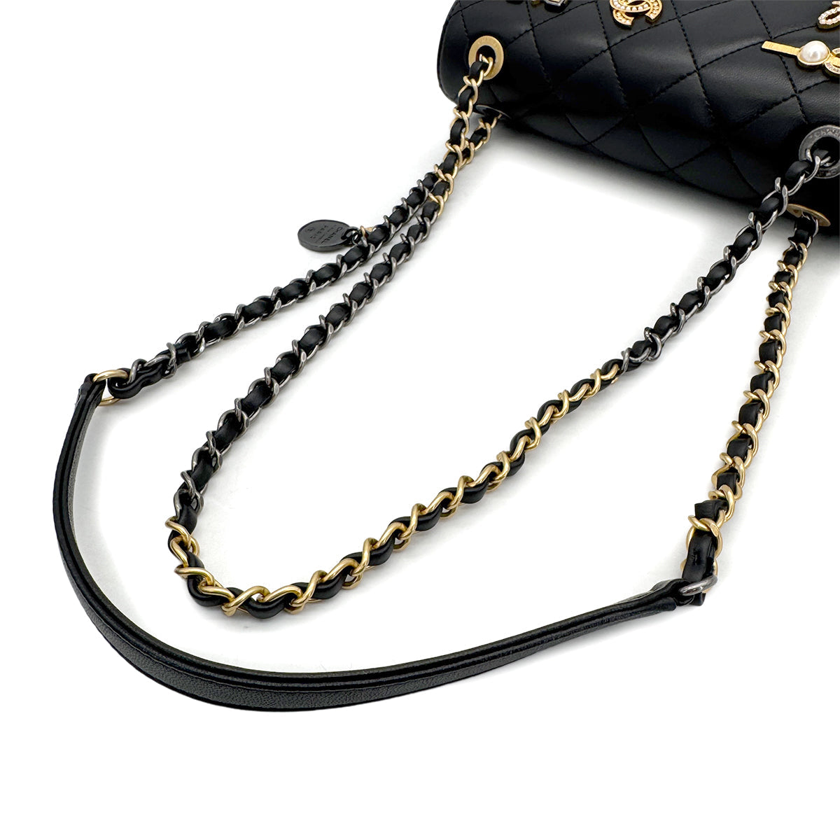 CHANEL MATELASSE COCO CLIPS CHAIN SHOULDER BAG RHINESTONE FAUX PEARL BLACK LAMB SKIN GOLD HARDWARE 90324131