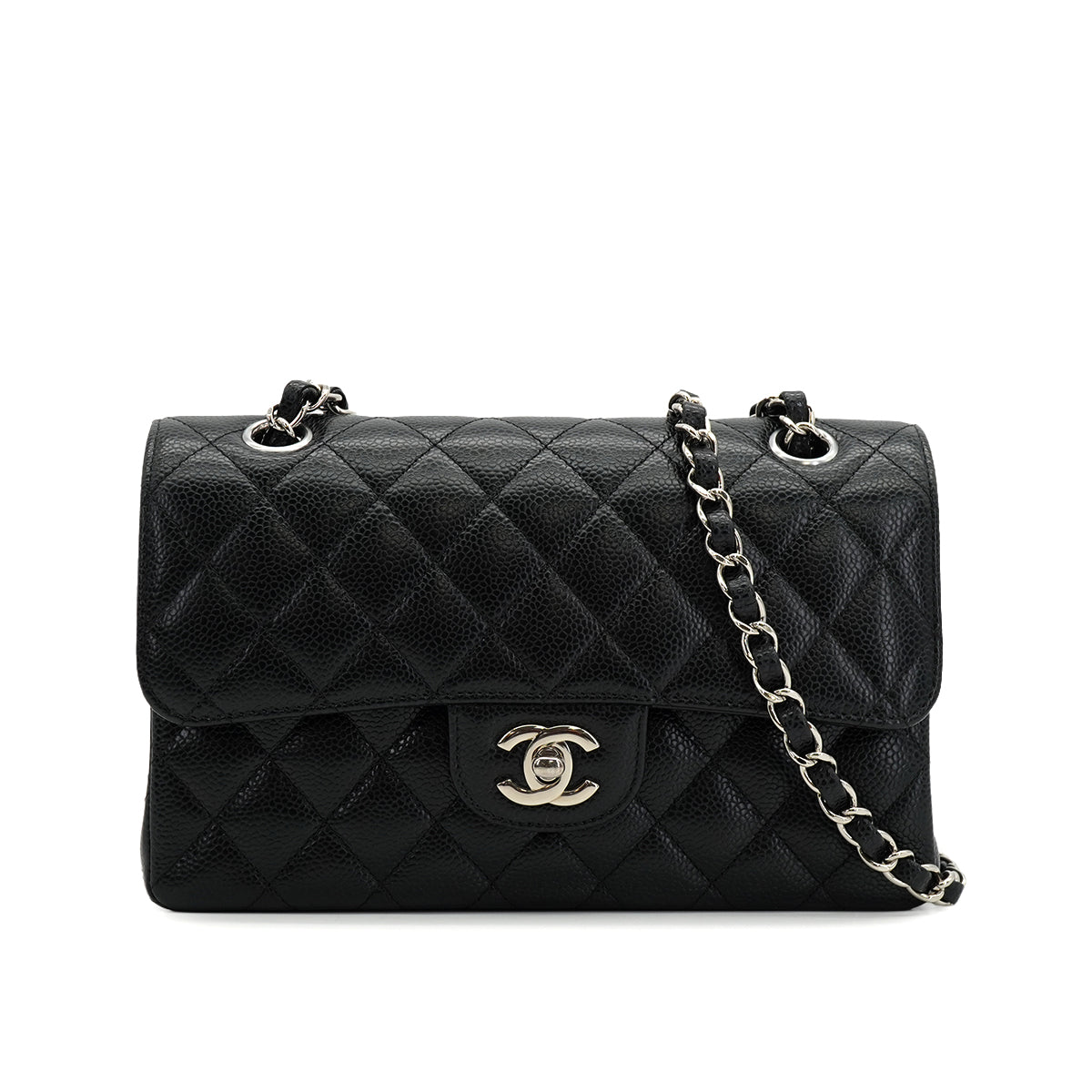 CHANEL CLASSIC FLAP SMALL CHAIN SHOULDER BAG BLACK CAVIAR SKIN SILVER HARDWARE 90334169