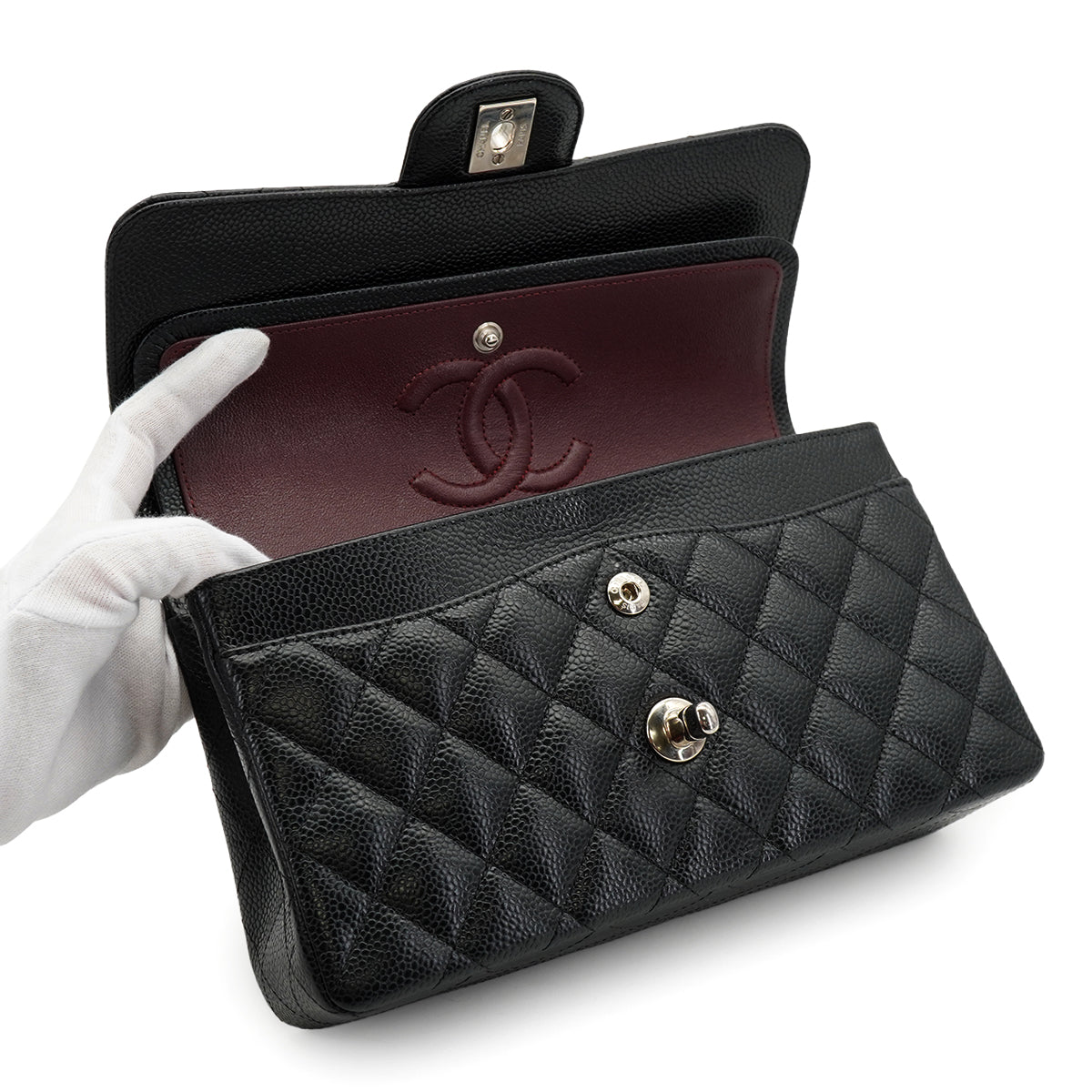 CHANEL CLASSIC FLAP SMALL CHAIN SHOULDER BAG BLACK CAVIAR SKIN SILVER HARDWARE 90334169