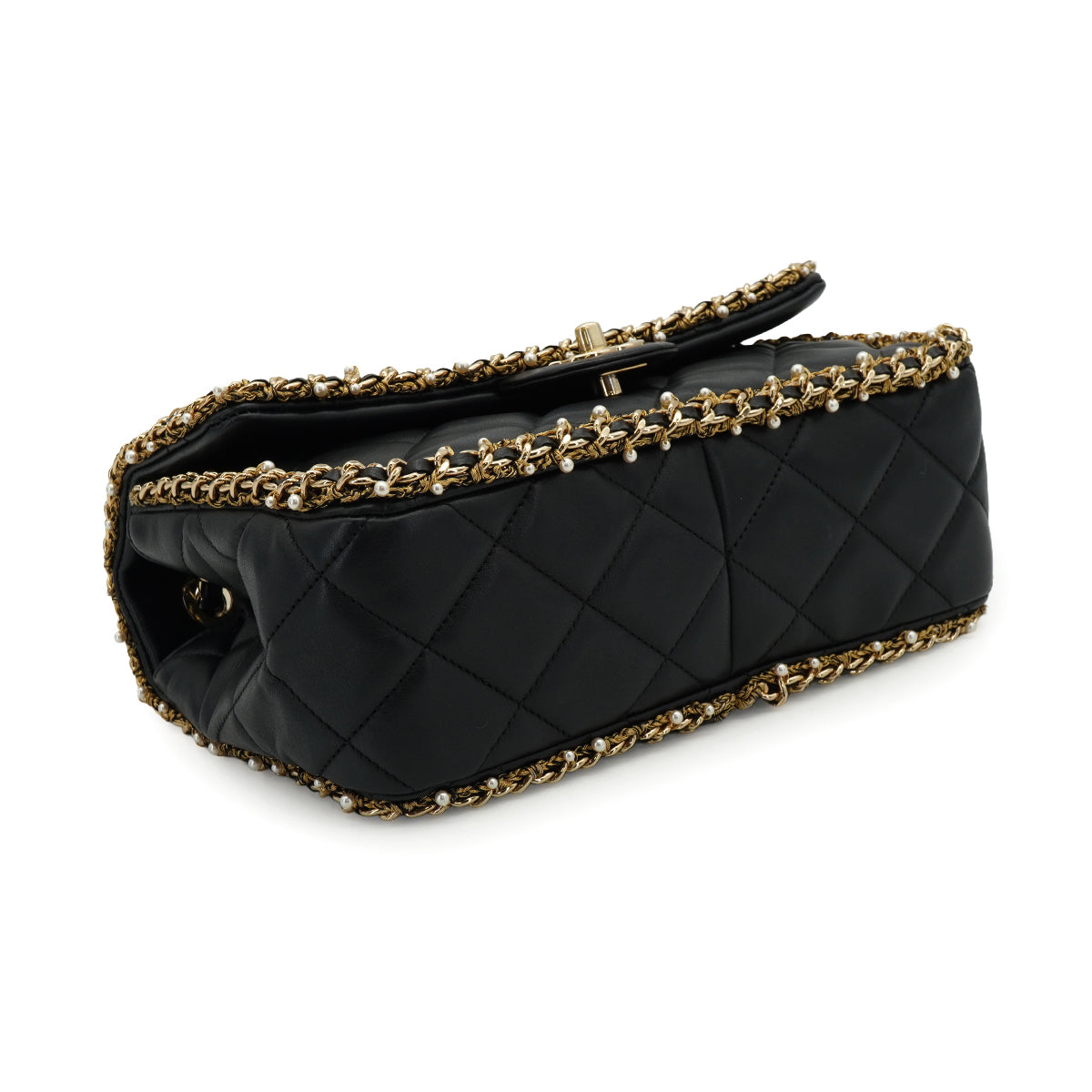 CHANEL MATELASSE FAUX PEARL CHAIN SHOULDER BAG BLACK LEATHER 90332580