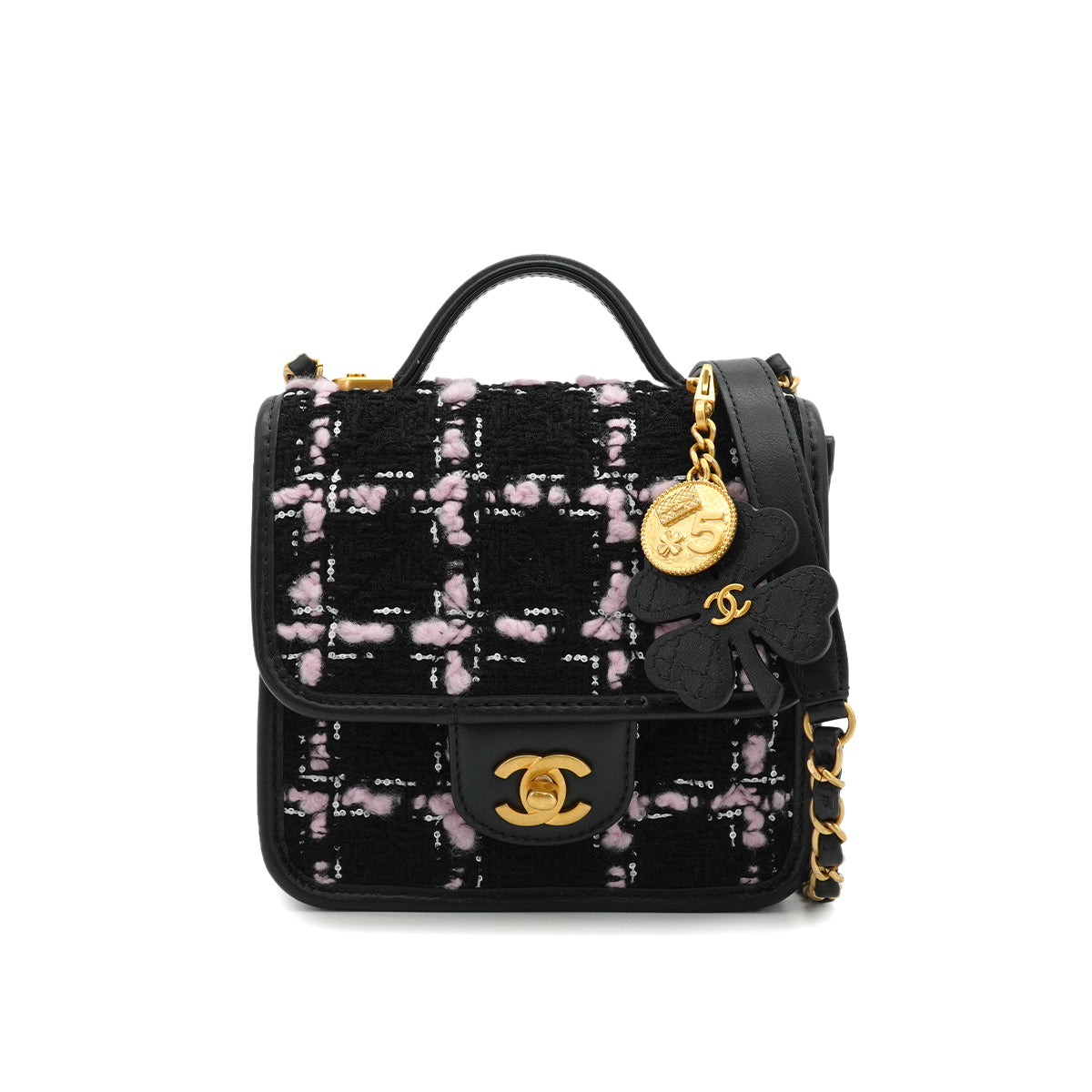 CHANEL MATELASSE TWEED CHAIN HAND SHOULDER BAG PINK BLACK GOLD HARDWARE 90332582