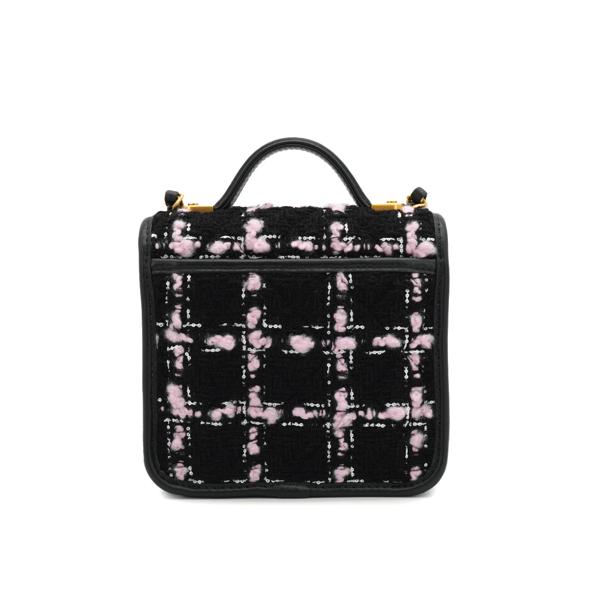 CHANEL MATELASSE TWEED CHAIN HAND SHOULDER BAG PINK BLACK GOLD HARDWARE 90332582
