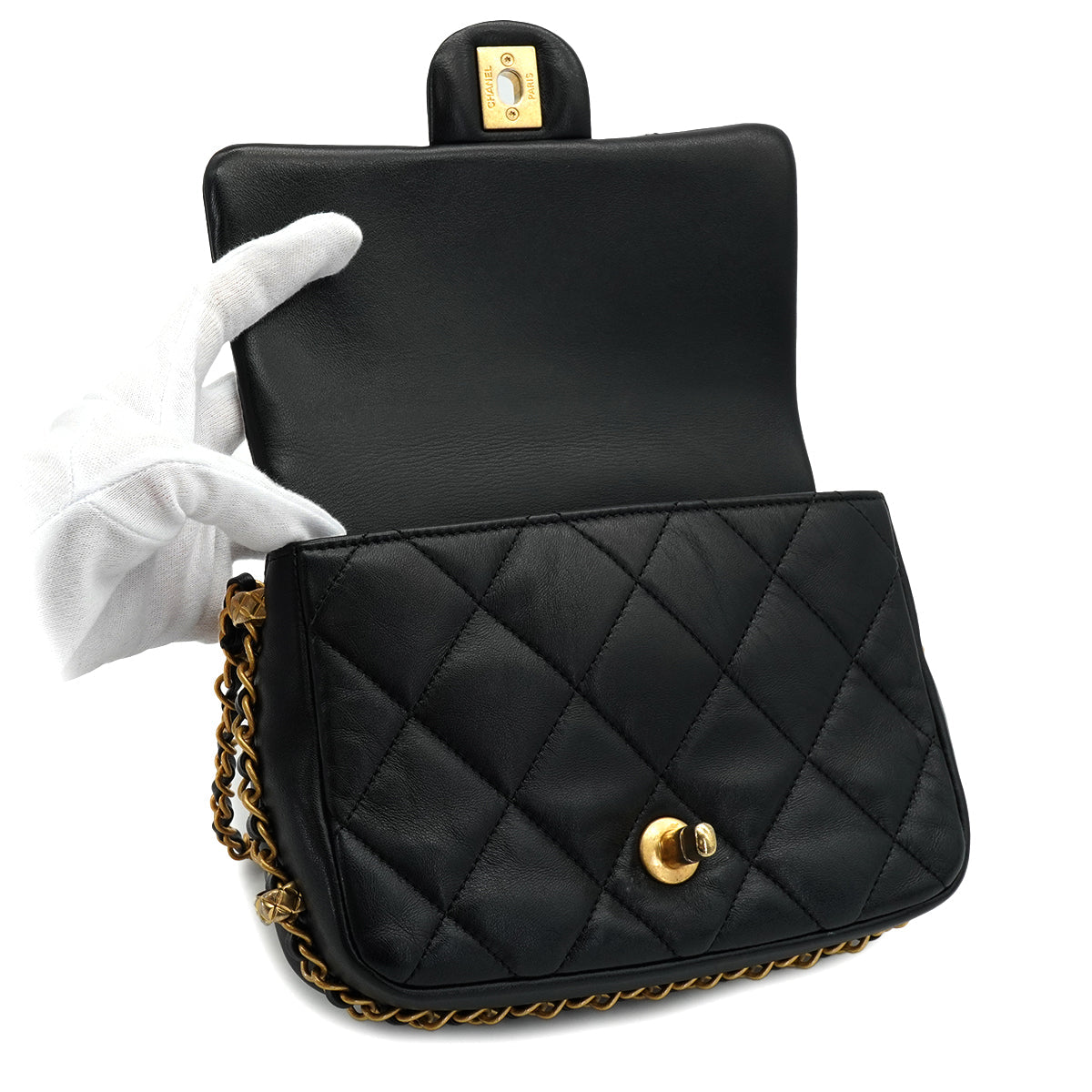 CHANEL MINI MATELASSE CHAIN SHOULDER BAG BALCK LAMB SKIN GOLD HARDWARE 90332584