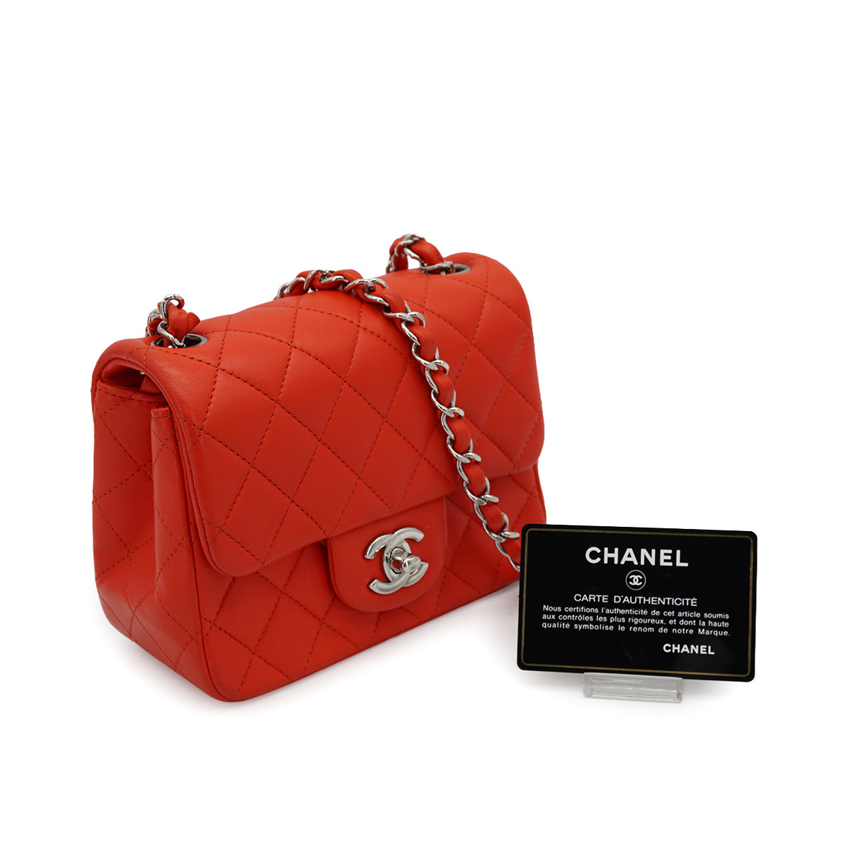 CHANEL MINI SQUARE 17 CHAIN SHOULDER BAG RED LAMB SKIN SILVER HARDWARE 90333761