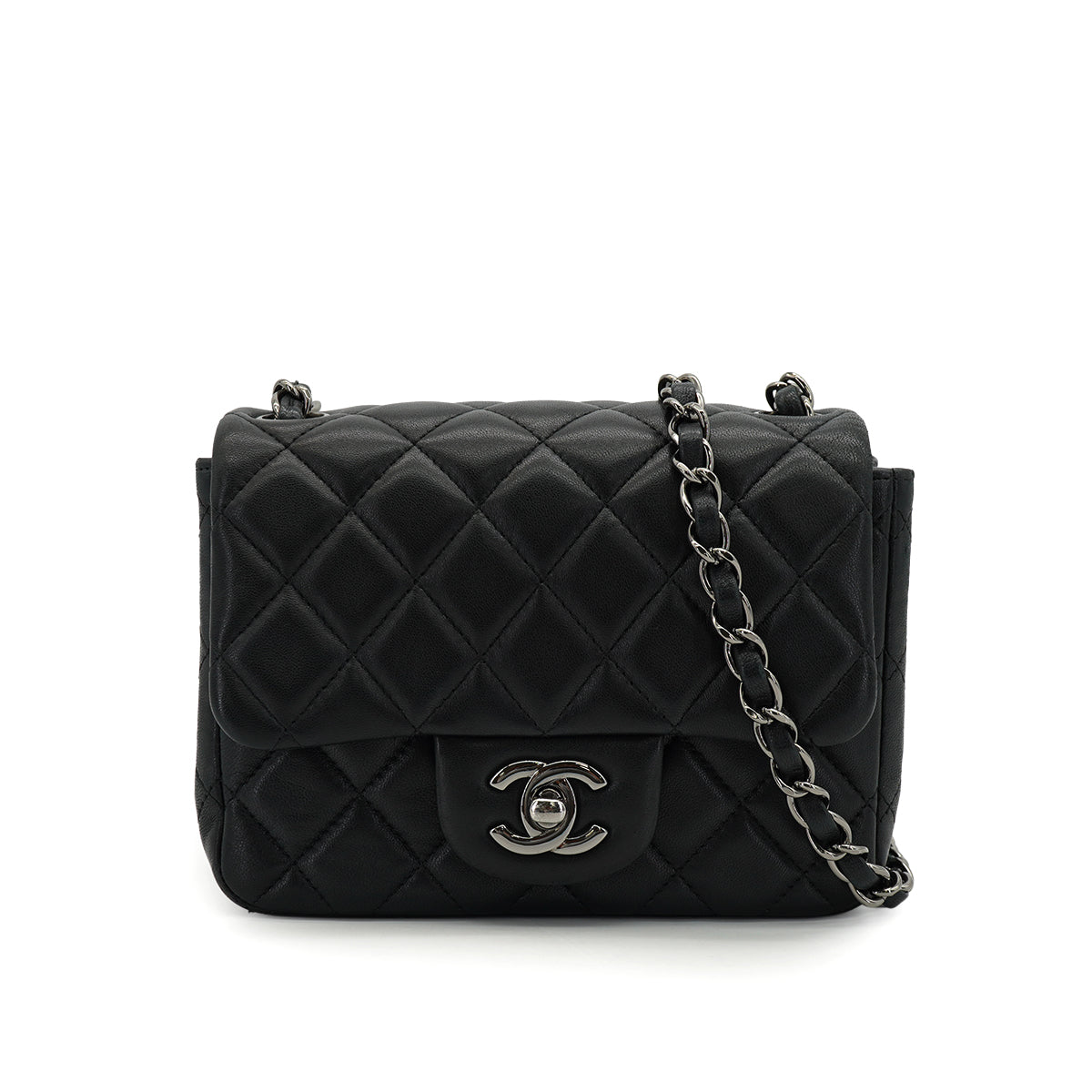 CHANEL MINI MATELASSE CHAIN SHUOLDER BAG BLACK LAMB SKIN SILVER HARDWARE 90331414