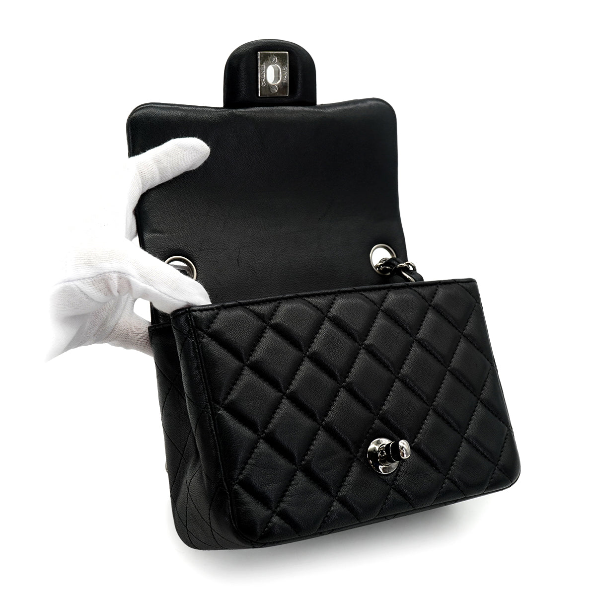 CHANEL MINI SQUARE 17 CHAIN SHUOLDER BAG BLACK LAMB SKIN SILVER HARDWARE 90331414
