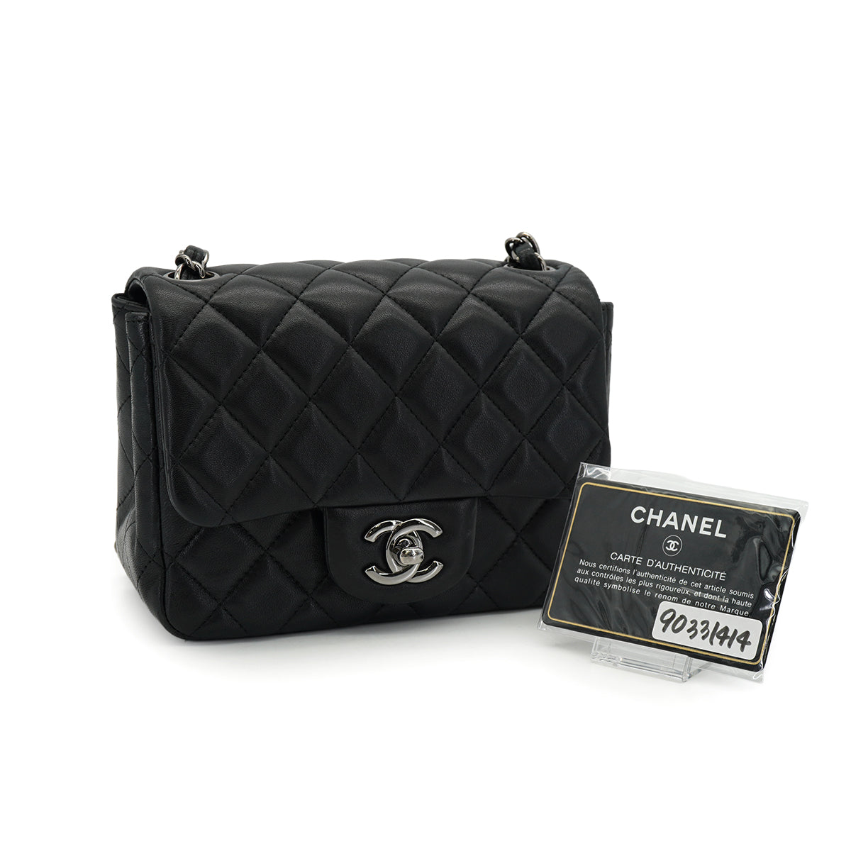 CHANEL MINI SQUARE 17 CHAIN SHUOLDER BAG BLACK LAMB SKIN SILVER HARDWARE 90331414