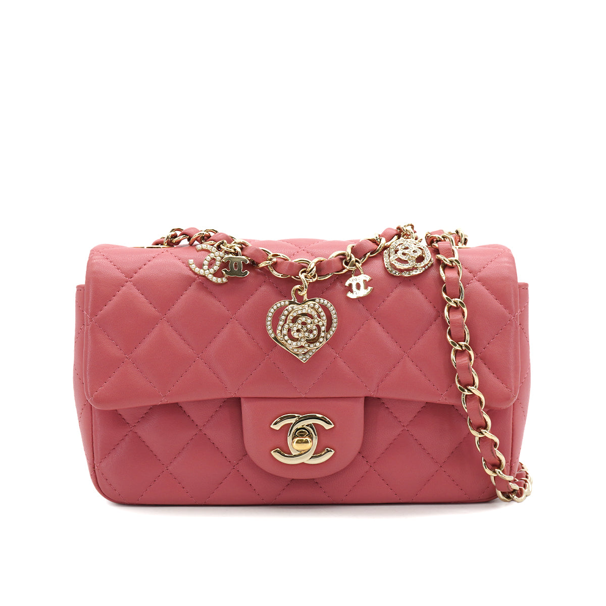 CHANEL MINI MATELASSE CHARM CHAIN SHOULDER BAG PINK LAMB SKIN GOLD HARDWARE 90331667