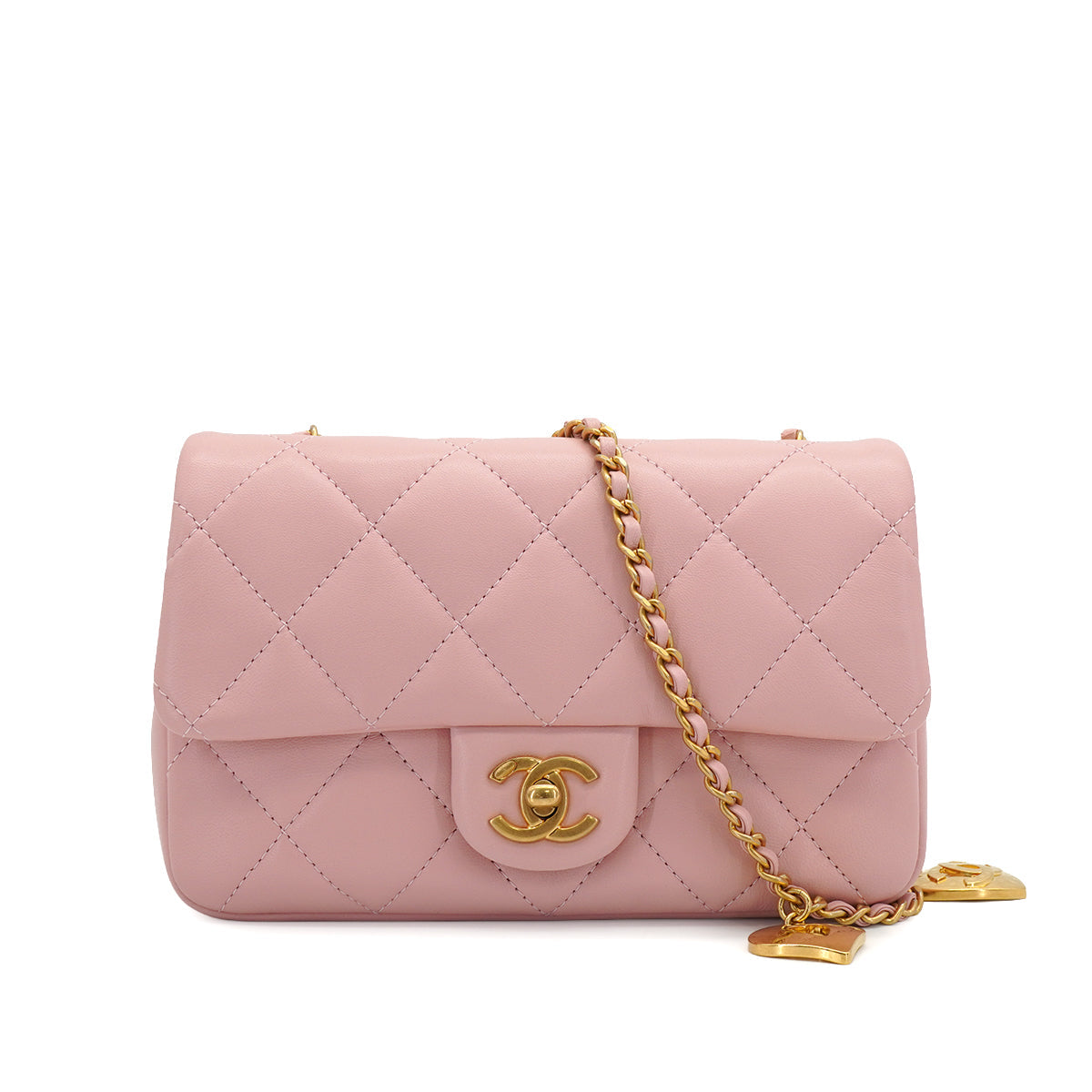 CHANEL MINI MATELASSE HEART CHARM CHAIN SHOULDER BAG PINK LAMB SKIN GOLD HARDWARE 90335891
