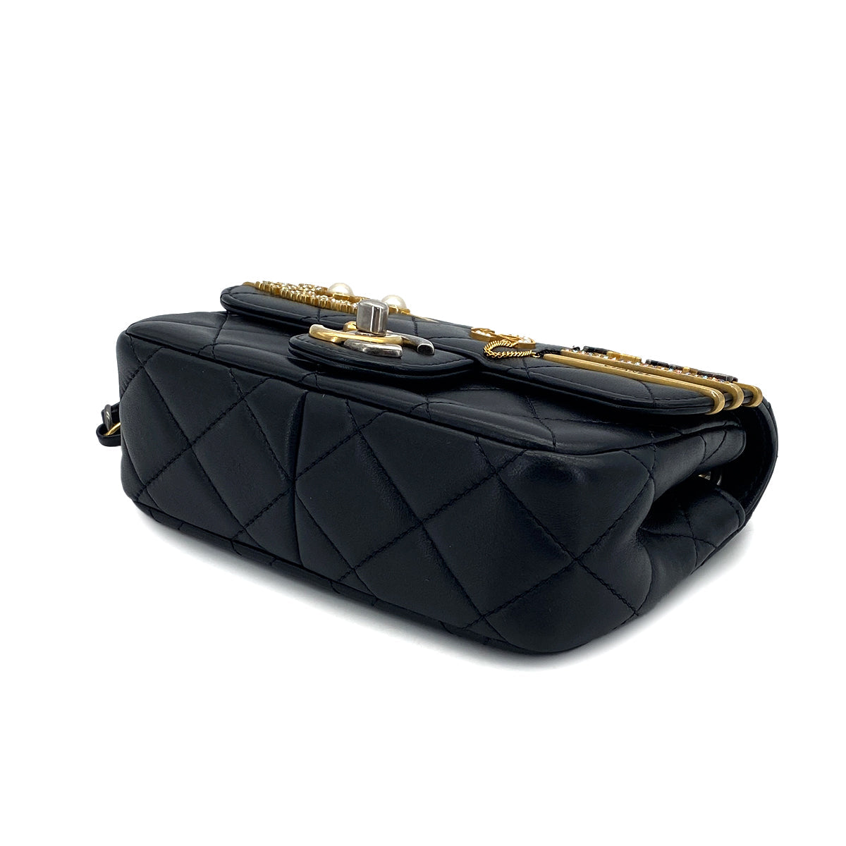 CHANEL MINI MATELASSE COCO CLIPS CHAIN SHOULDER BAG RHINESTONE FAUX PEARL BLACK LAMB SKIN GOLD HARDWARE 90317290