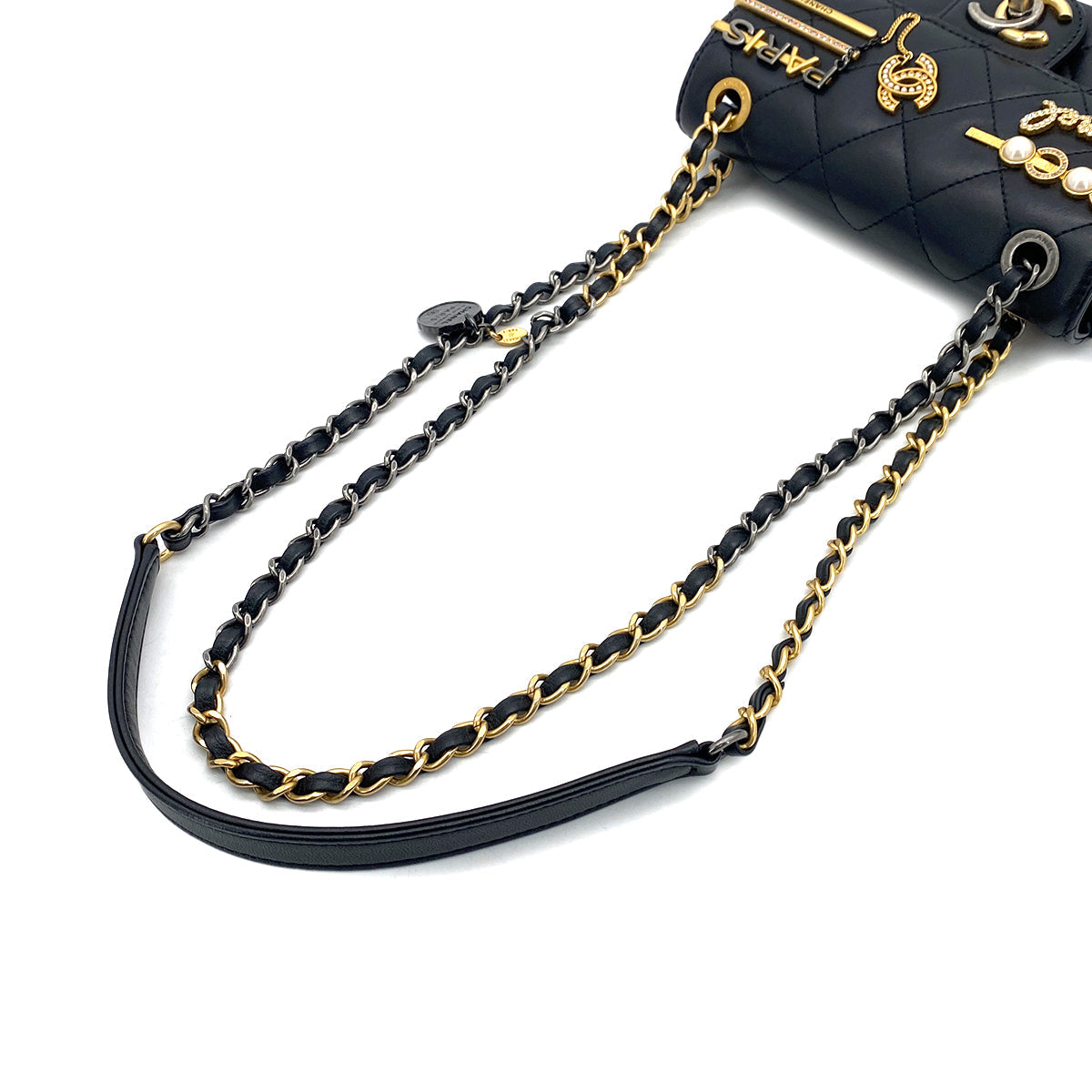 CHANEL MINI MATELASSE COCO CLIPS CHAIN SHOULDER BAG RHINESTONE FAUX PEARL BLACK LAMB SKIN GOLD HARDWARE 90317290