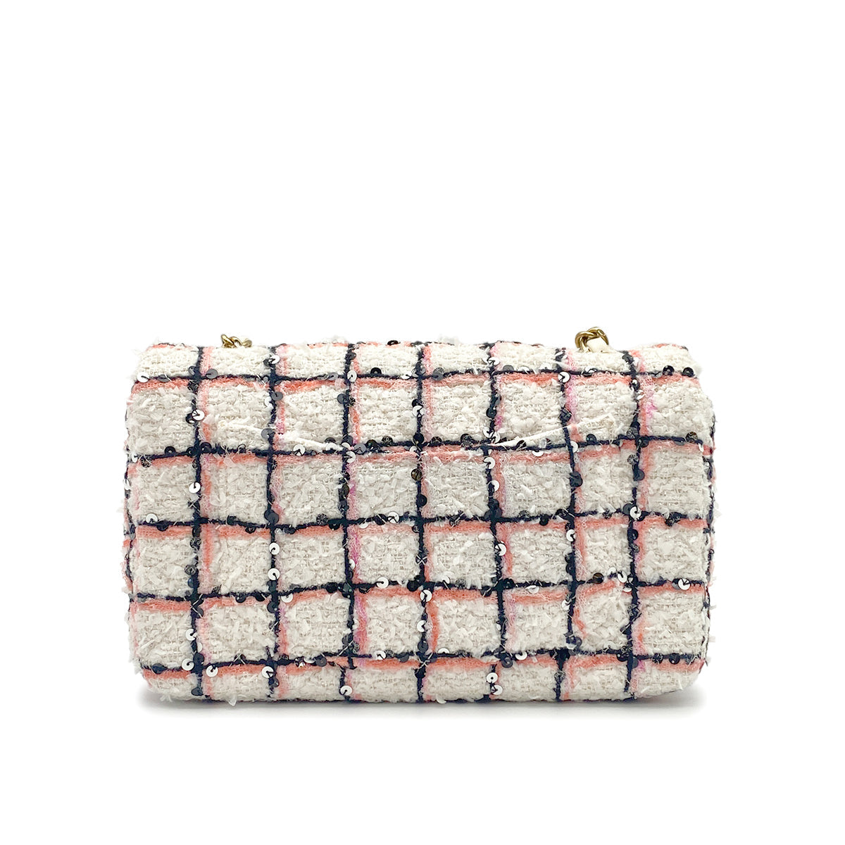 CHANEL MINI MATELASSE TWEED SEQUINS CHAIN SHOULDER BAG WHITE PINK BLACK GOLD HARDWARE 90325331