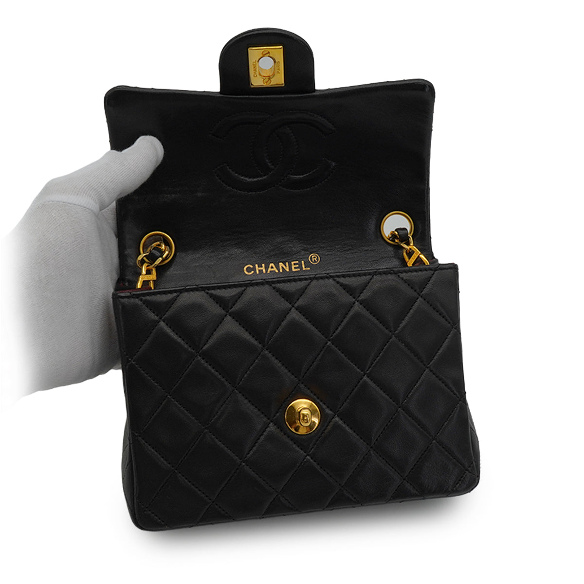 VINTAGE CHANEL MINI SQUARE 17 CHAIN SHOULDER BAG BLACK LAMB SKIN GOLD HARDWARE 90346665