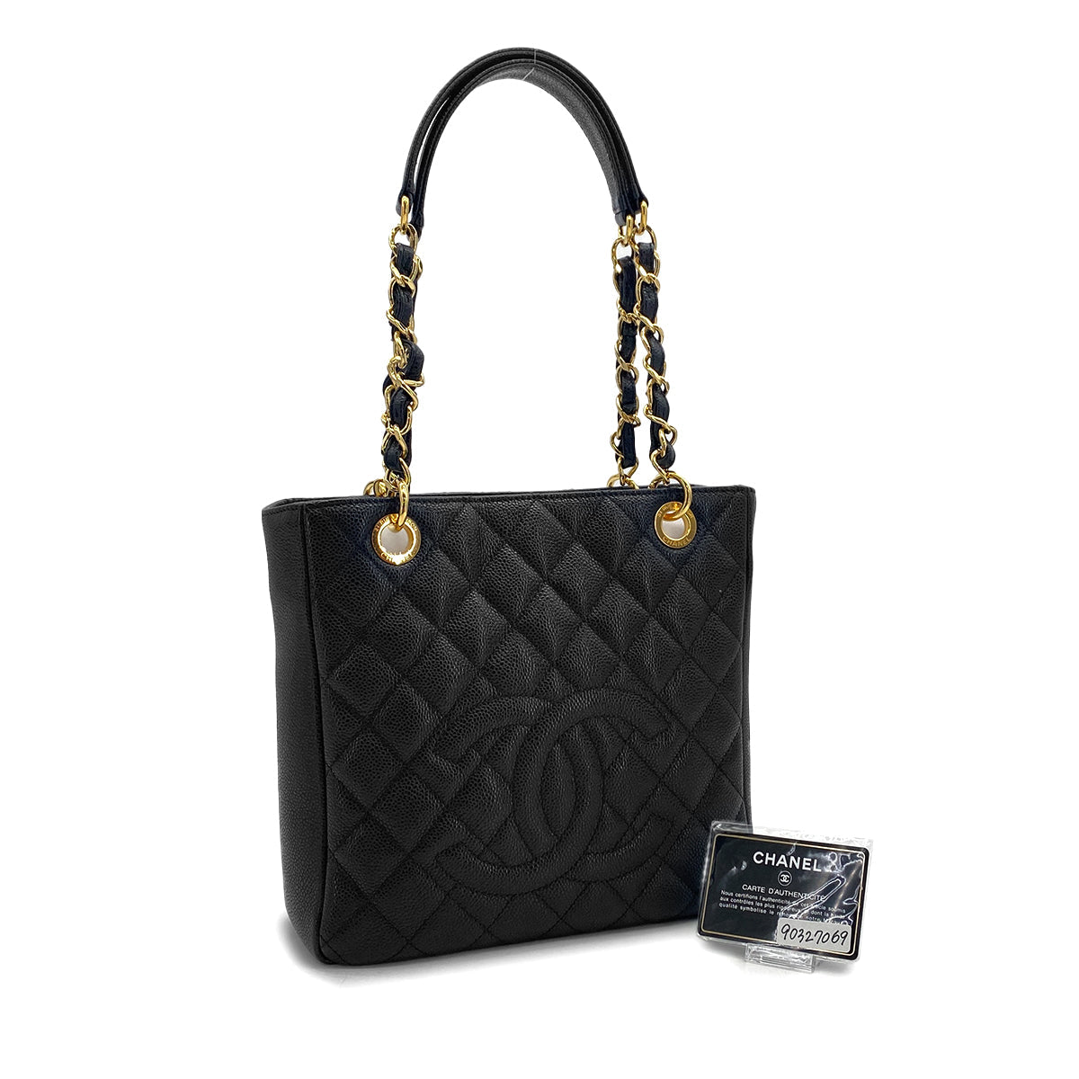 CHANEL PST CHAIN TOTE BAG BLACK CAVIAR SKIN GOLD HARDWARE 90327069