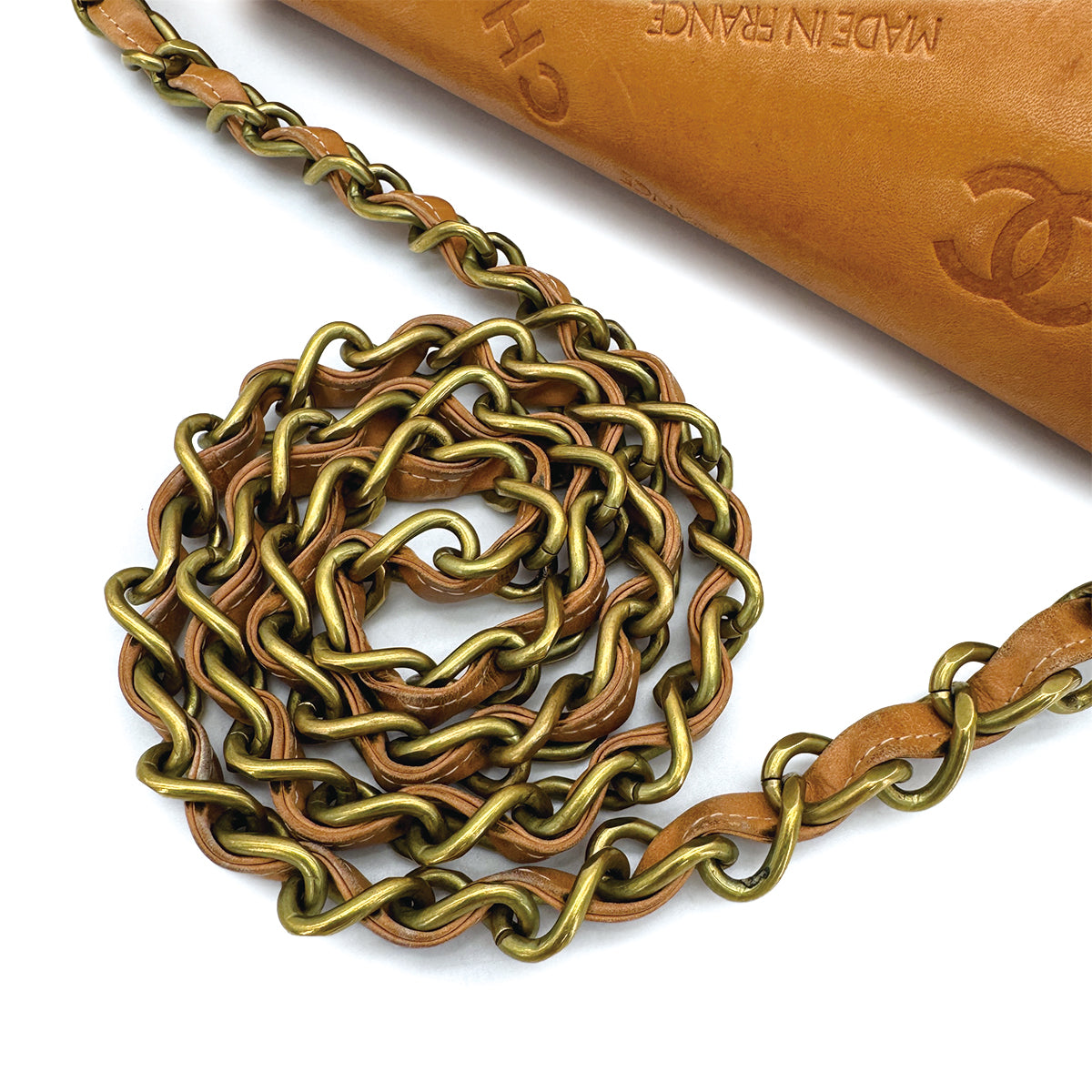 CHANEL VINTAGE COCOMARK LOGO EMBOSSED CHAIN SHOULDER BAG LIGHT BROWN LEATHER GOLD HARD WARE 90311983