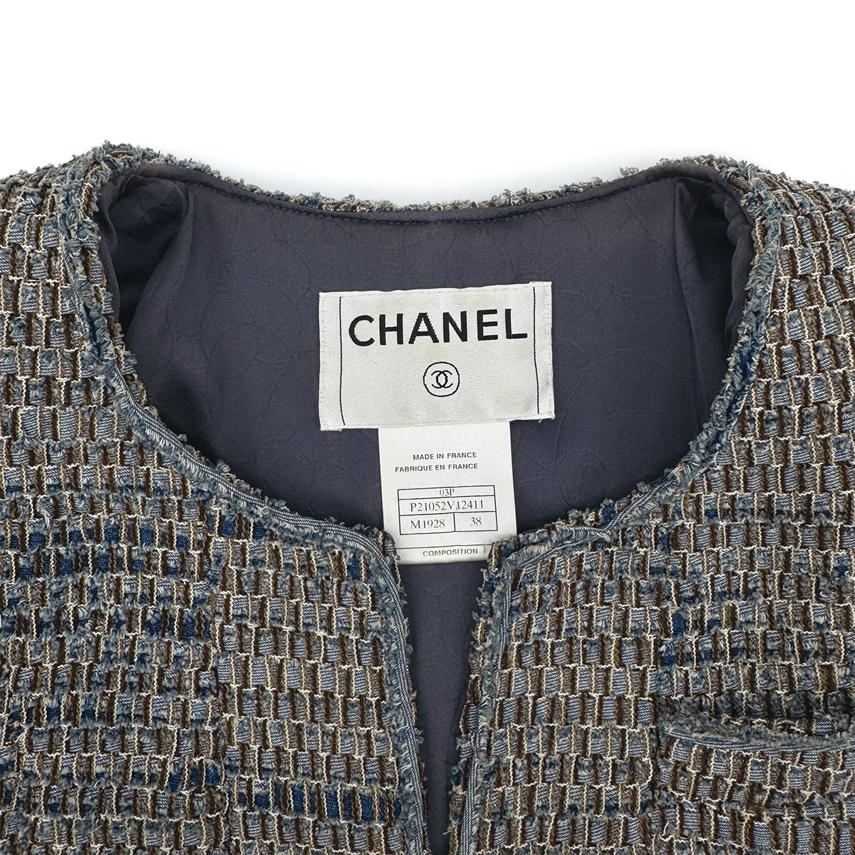 CHANEL VINTAGE COCO BUTTON DENIM TWEED JACKET BLUE GRAY COTTON 38 03P RTW 90313368