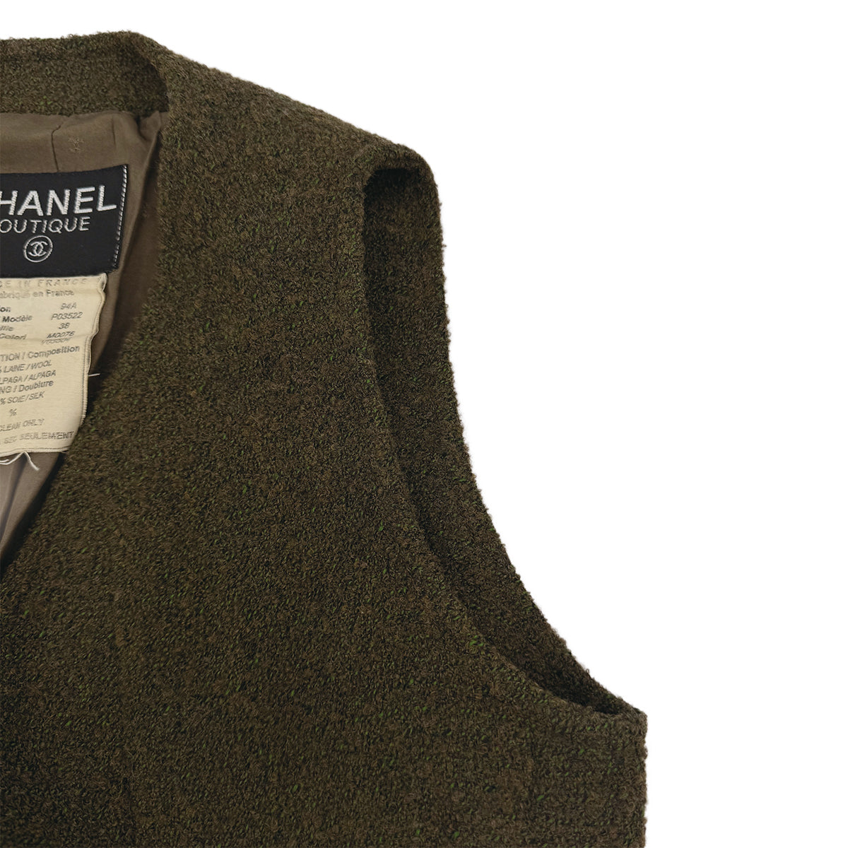 CHANEL VINTAGE COCO BUTTON TWEED VEST KHAKI WOOL 38 94A RTW 90313365