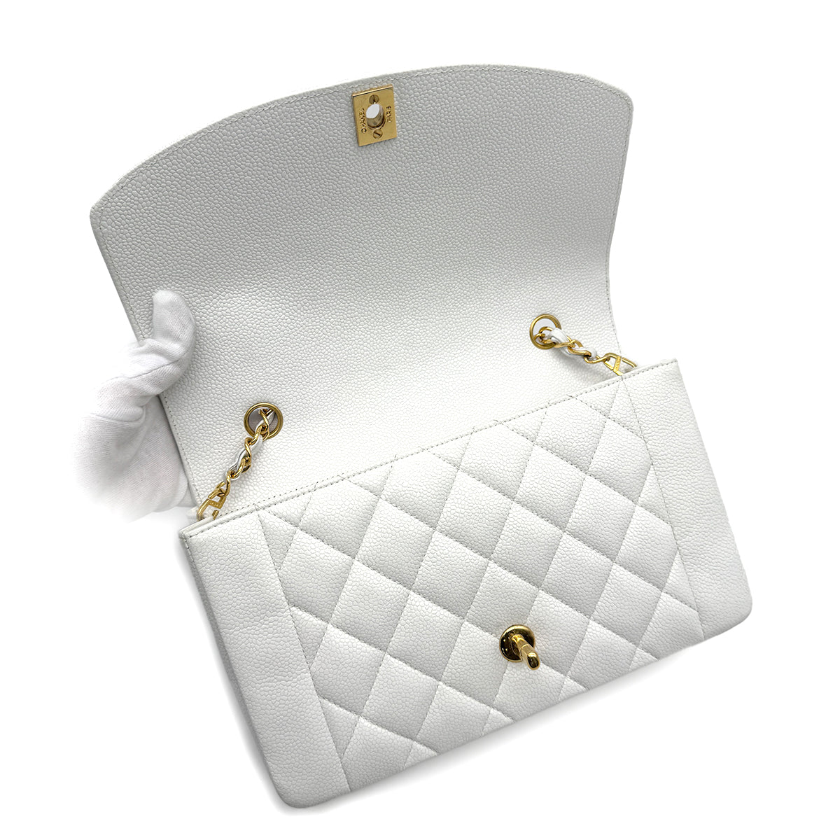 VINTAGE CHANEL DIANA MEDIUM CHAIN SHOULDER BAG WHITE CAVIAR SKIN GOLD HARDWARE 90313668