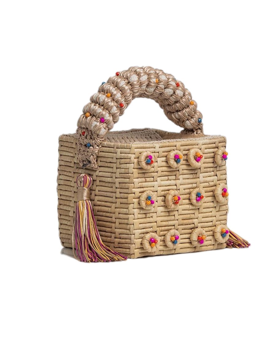 Crystal Beaded Straw Mini Bag with Braided Silk Handle Candy