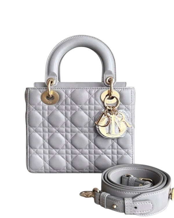 DIOR LADY SMALL - CANNAGE LAMBSKIN LIGHT GREY GRAY GOLD HARDWARE SYCMDA133