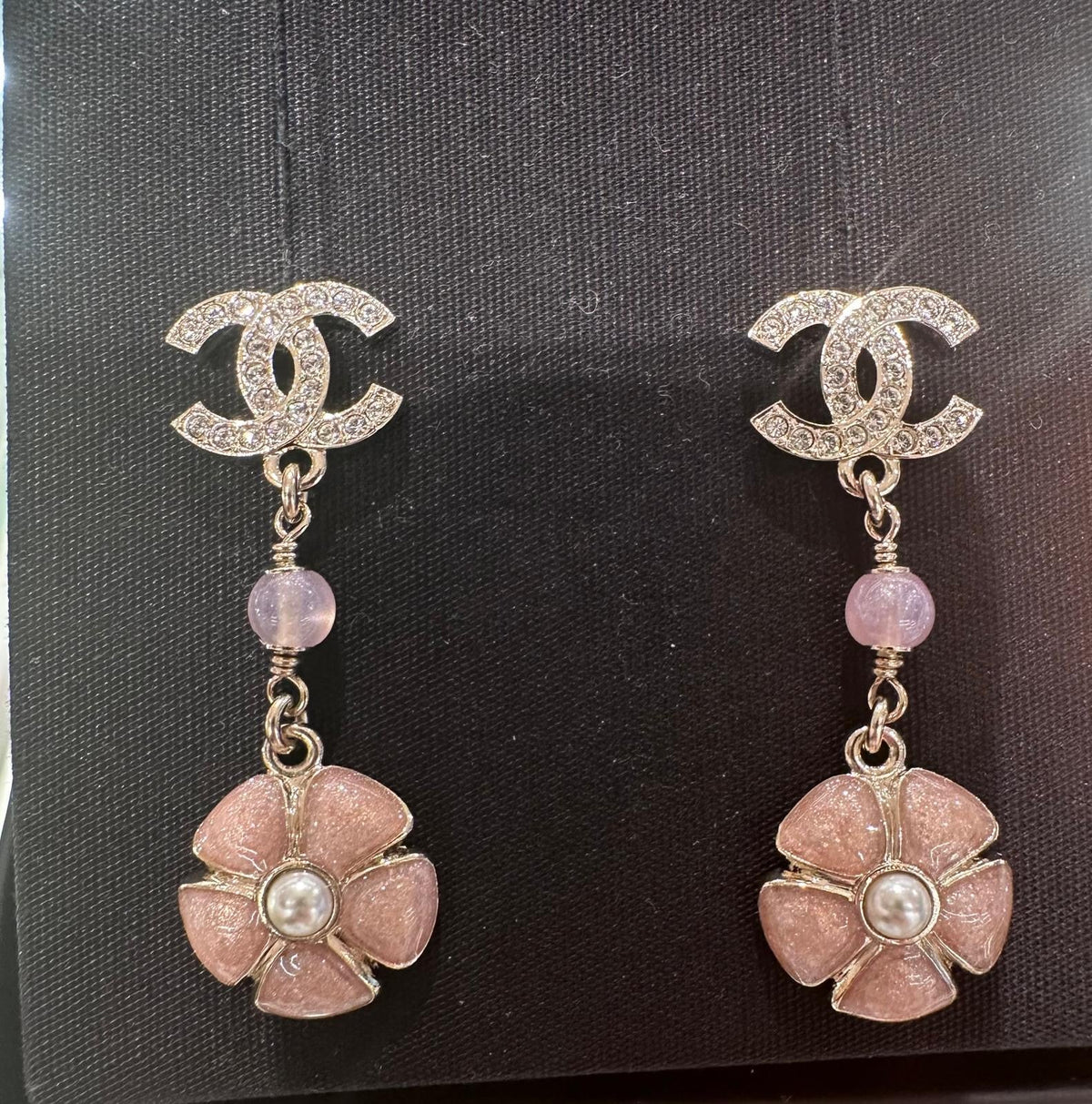 Chanel Drop Earrings Crystal CC with Pink Flower and Pearls