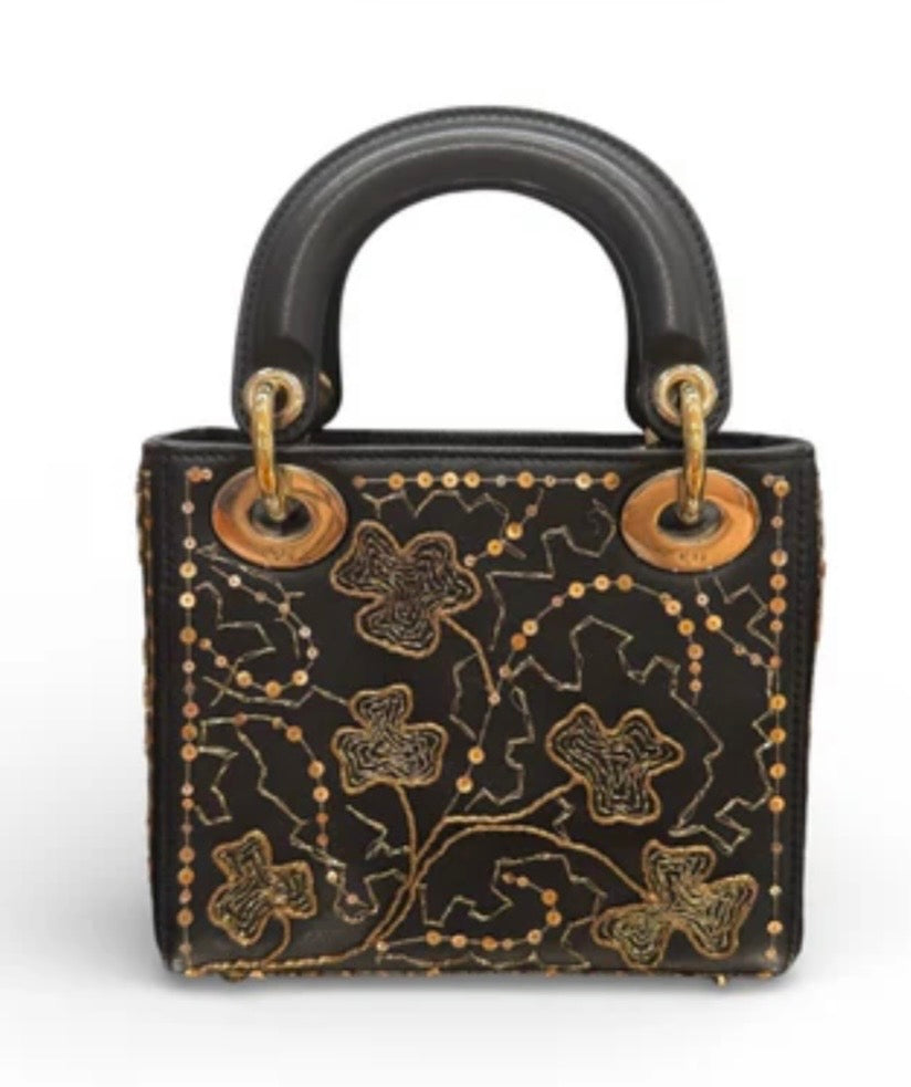 Dior Black Limted Edition Mini Lady Dior with Embroidered Floral Leather Bag