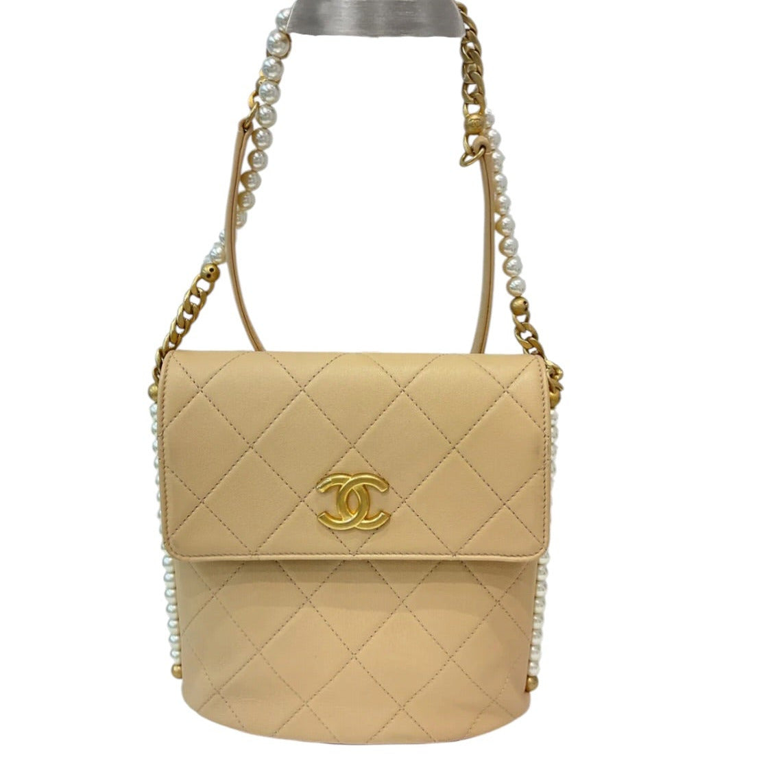 Chanel Beige Bag with Pearl Strap in Calfskin With GHW