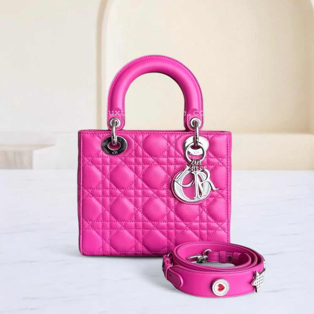 DIOR LADY SMALL - CANNAGE LAMBSKIN BARBIE PINK SILVER HARDWARE SYCM482