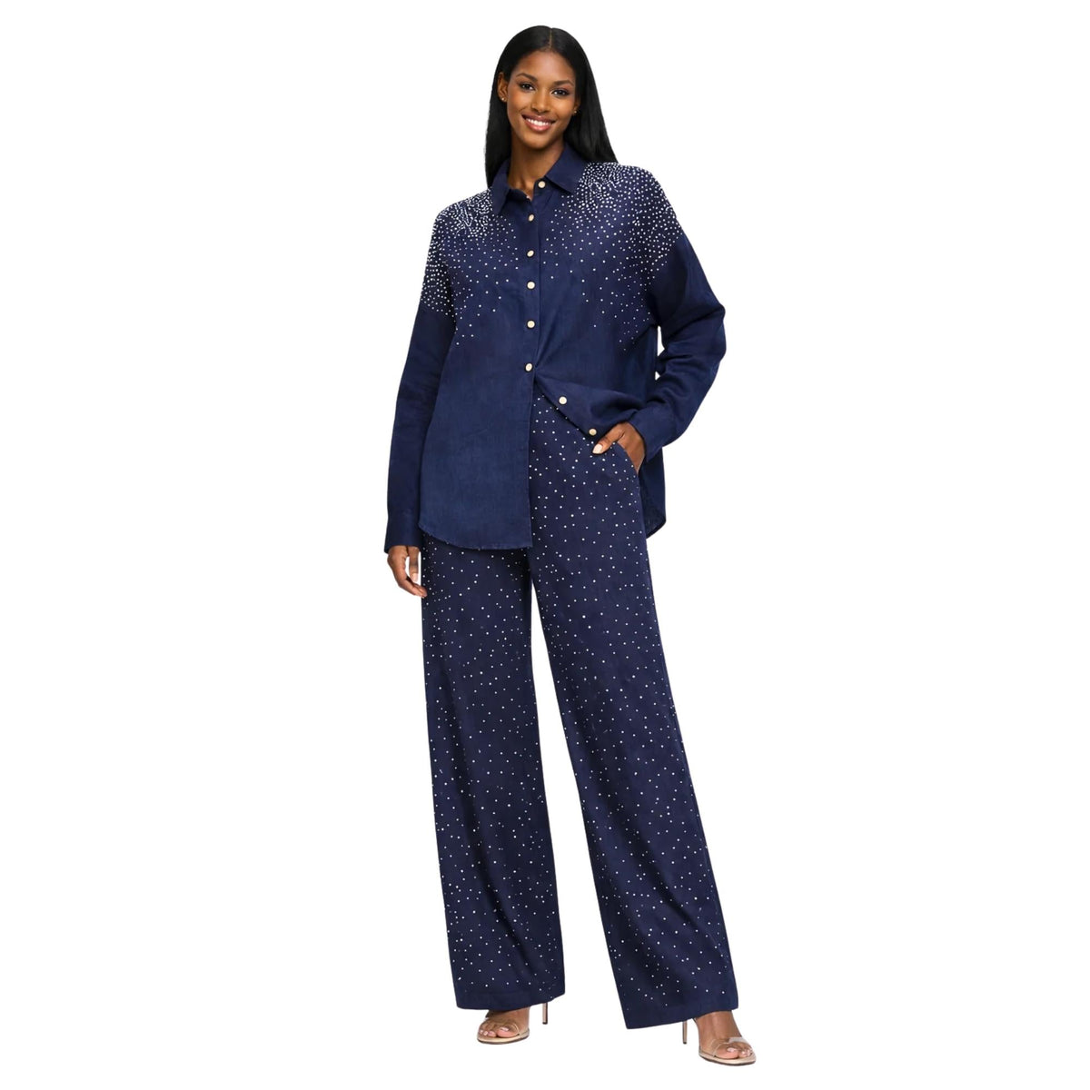 DIAMOND DRIFT EMBELLISHED LINEN CO-ORD SET زوج (SHIRT & PANTS قميص وبنطلون) “NEYA"
