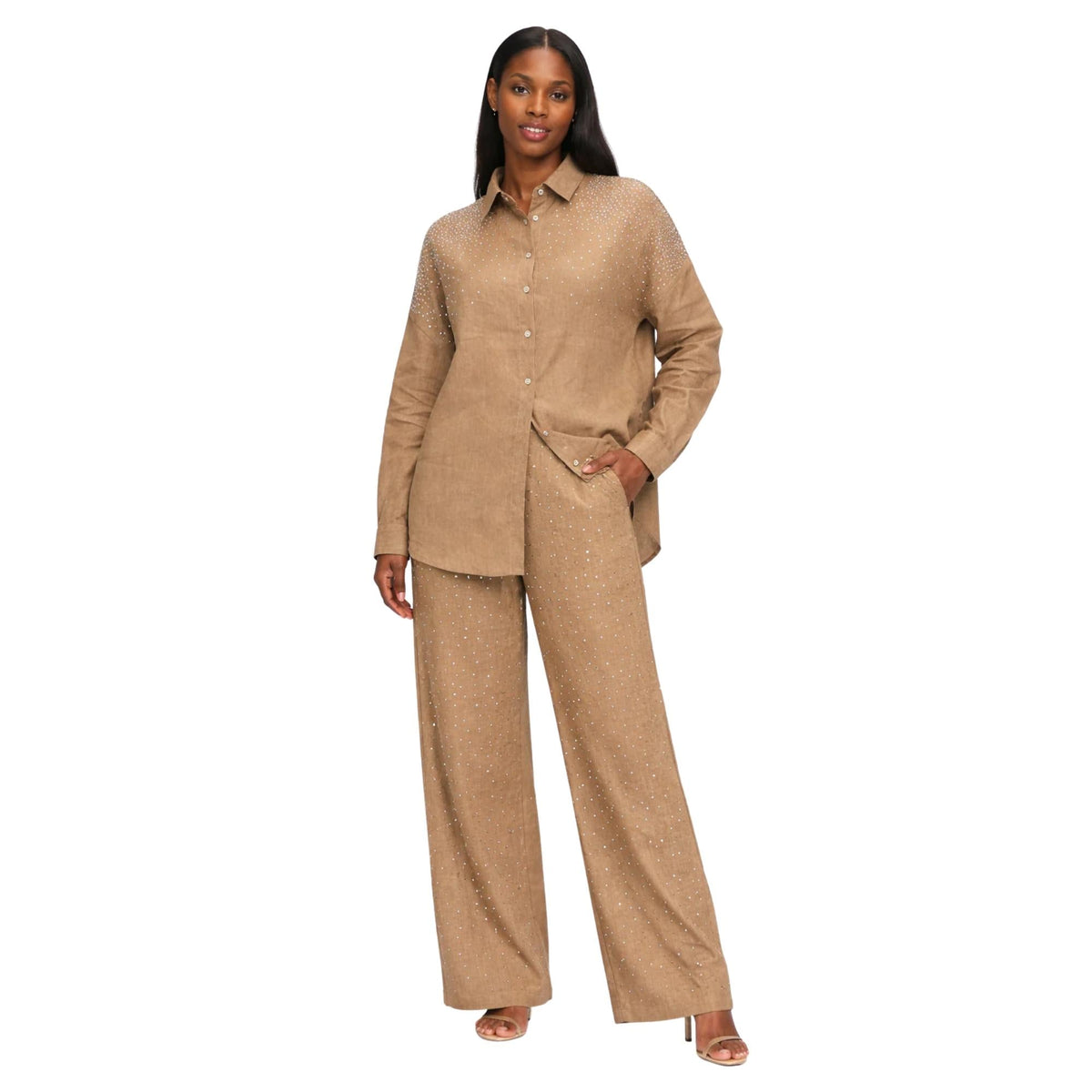 DIAMOND DRIFT EMBELLISHED LINEN CO-ORD SET زوج (SHIRT & PANTS قميص وبنطلون) “NEYA"