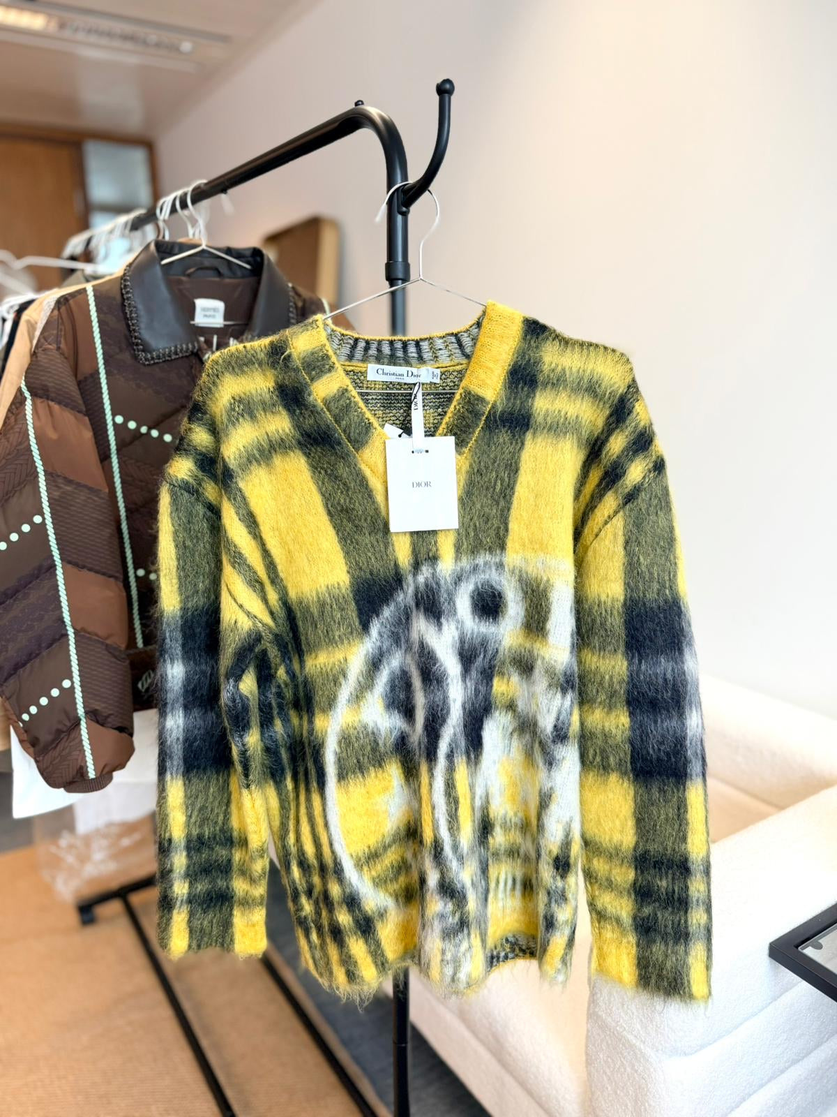 Christian Dior Yellow Plaid Mohair Cardigan Sweater