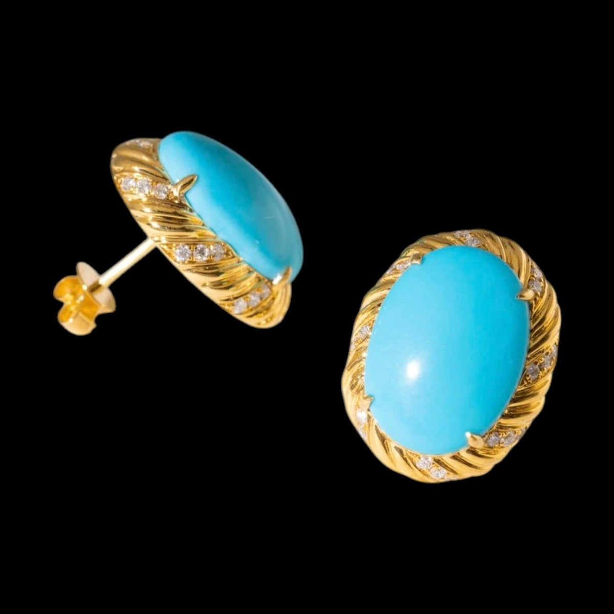 7.95ct Untreated Turquoise & 0.34ct Diamond Earrings set in 18K Yellow Gold