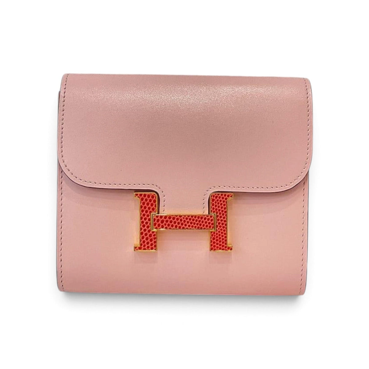 Hermes Constance Compact Wallet in Rose Sakura Tadelakt & Lizard Buckle with GHW