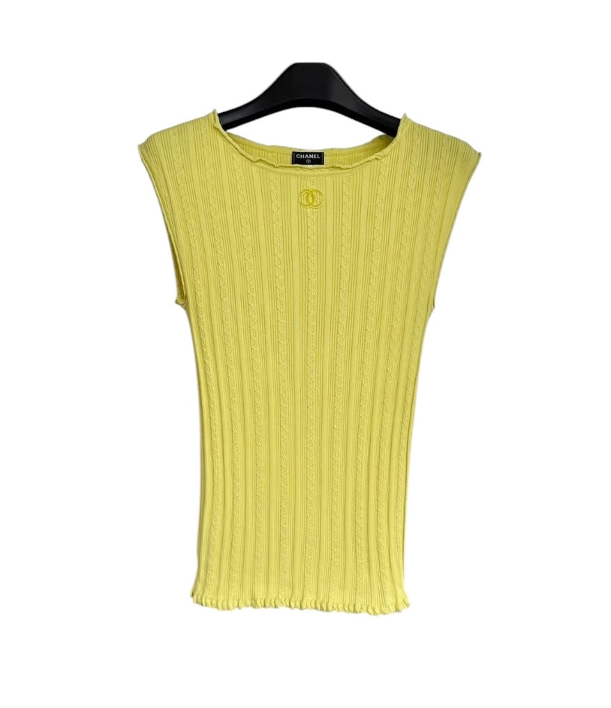 Chanel Sleeveless Ribbed Knit Top Yellow Cotton Sz34 SYCYA119