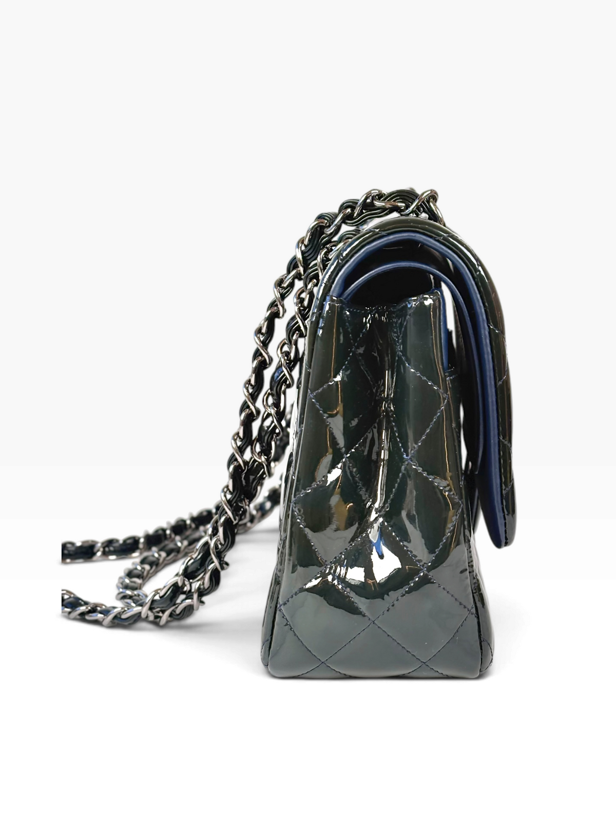 Chanel Classic Flap Jumbo Dark Green / Navy in Patent Leather