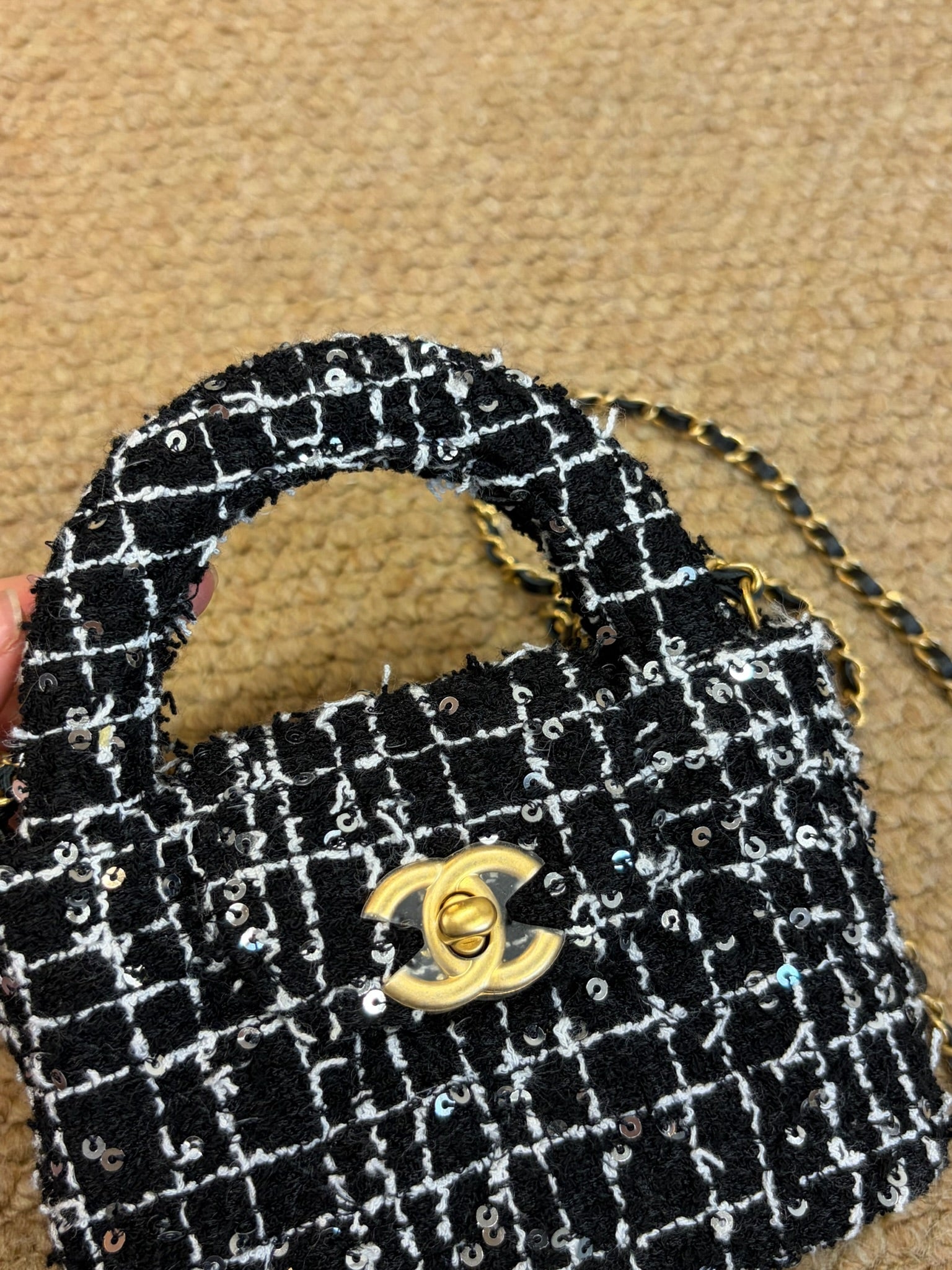 Chanel Tweed Quilted Nano Kelly Shopper Black White