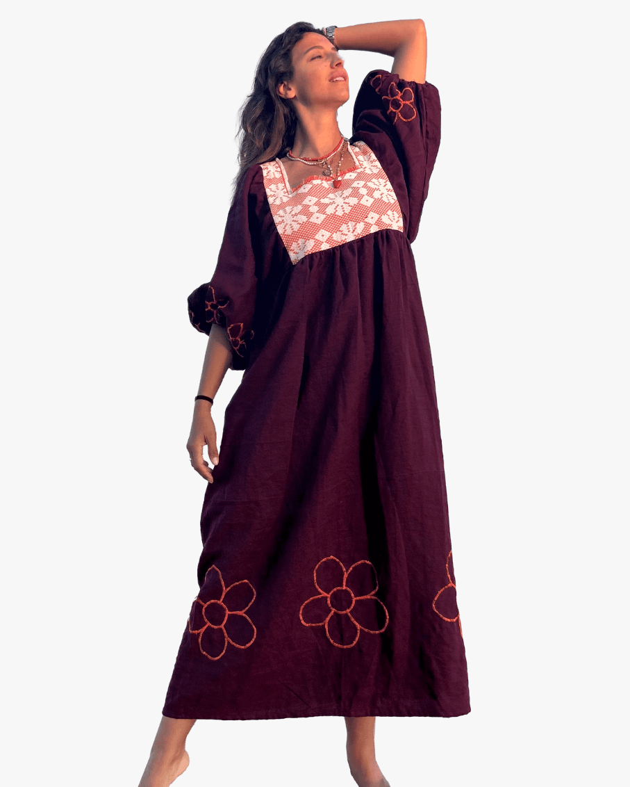 Flora Baloon Sleeves Purple Linen Dress