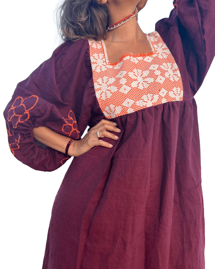 Flora Baloon Sleeves Purple Linen Dress