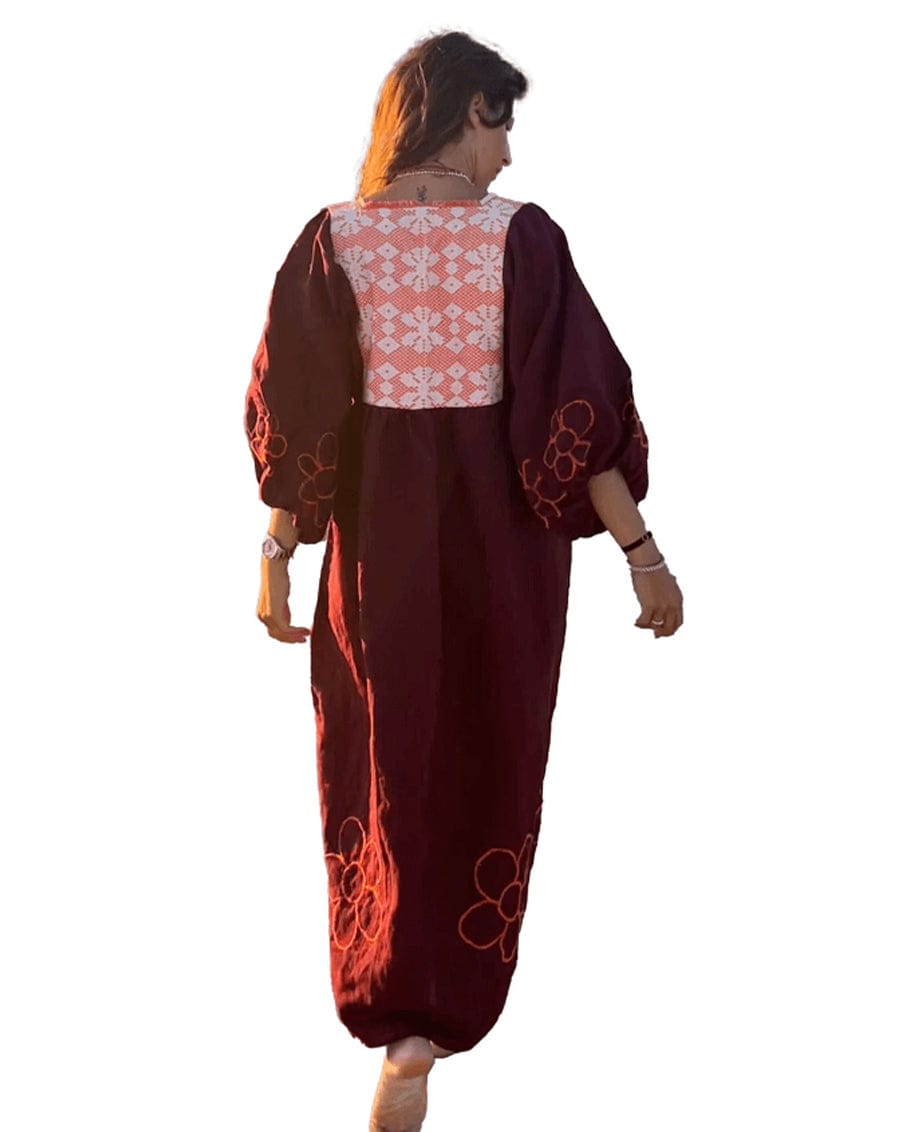 Flora Baloon Sleeves Purple Linen Dress
