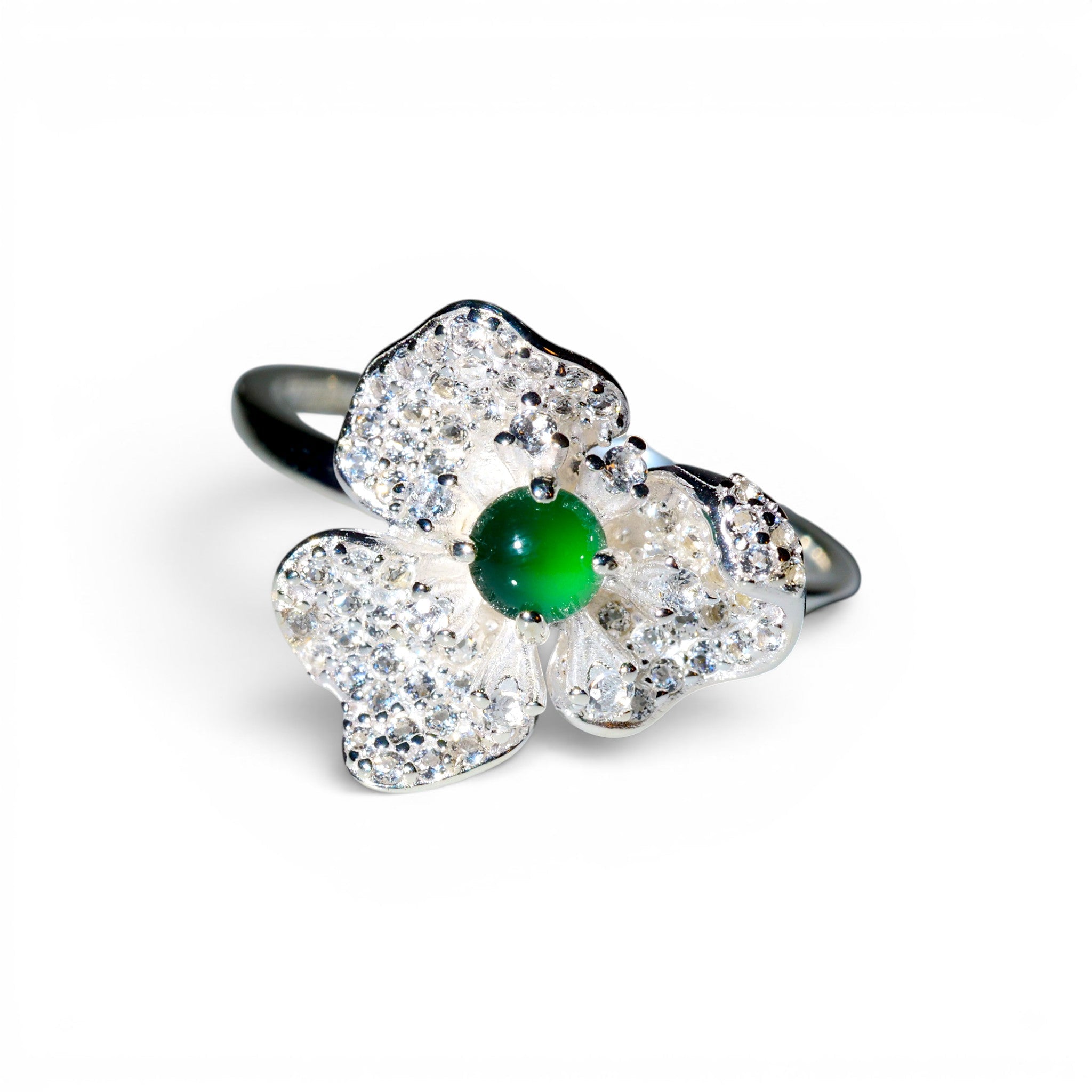 Imperial Jade Flower Sterling Silver Ring