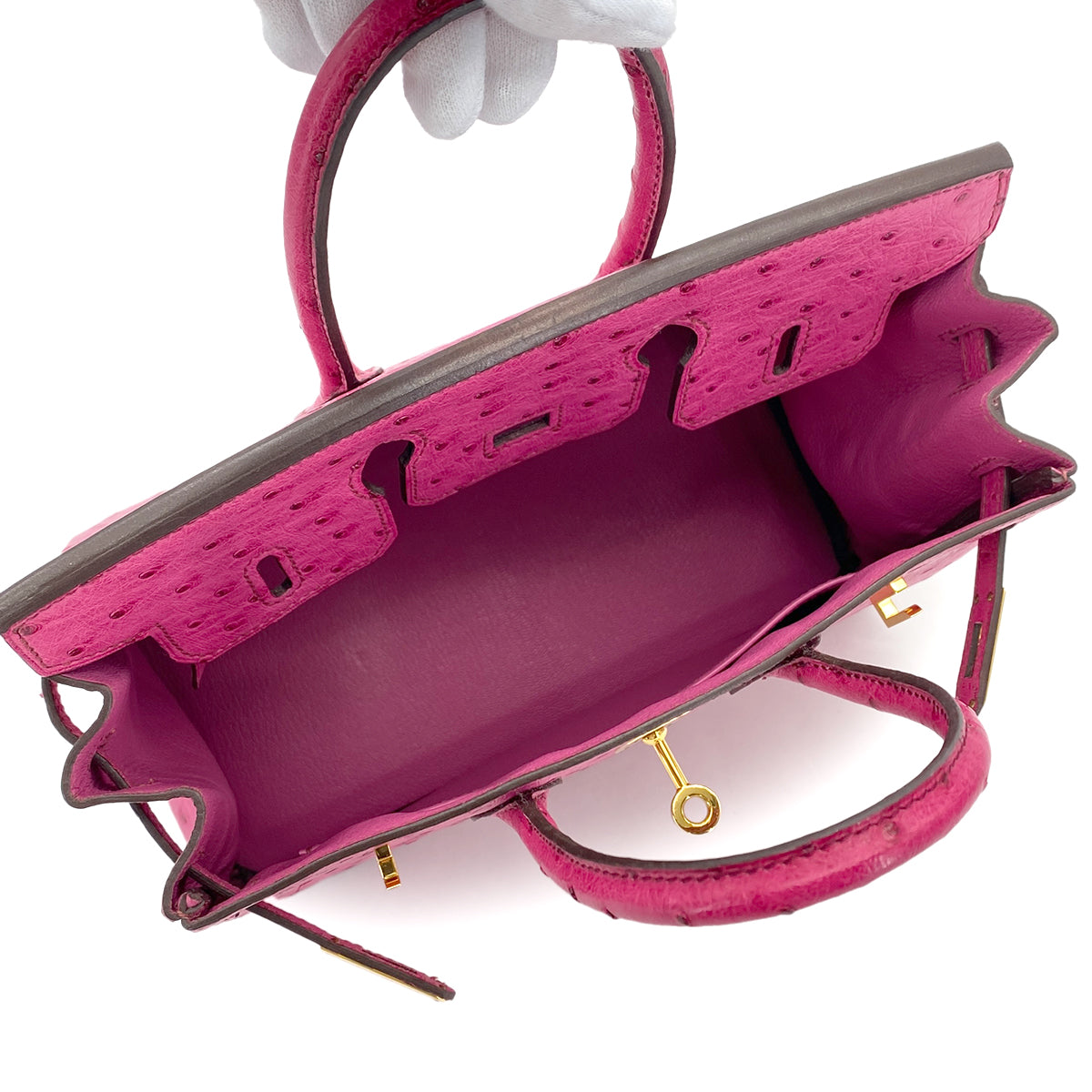 HERMES BIRKIN 25 FUCHSIA OSTRICH HAND BAG 2009 SQUARE M GOLD HARDWARE 90324625