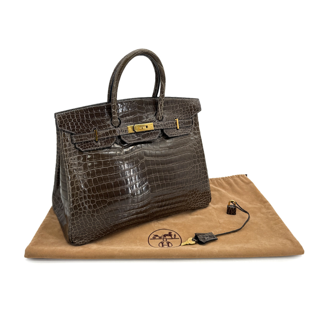 HERMES BIRKIN 35 KAHKI POROSUS CROCODILE HAND BAG 1999 SQUARE C GOLD HARDWARE 90312514